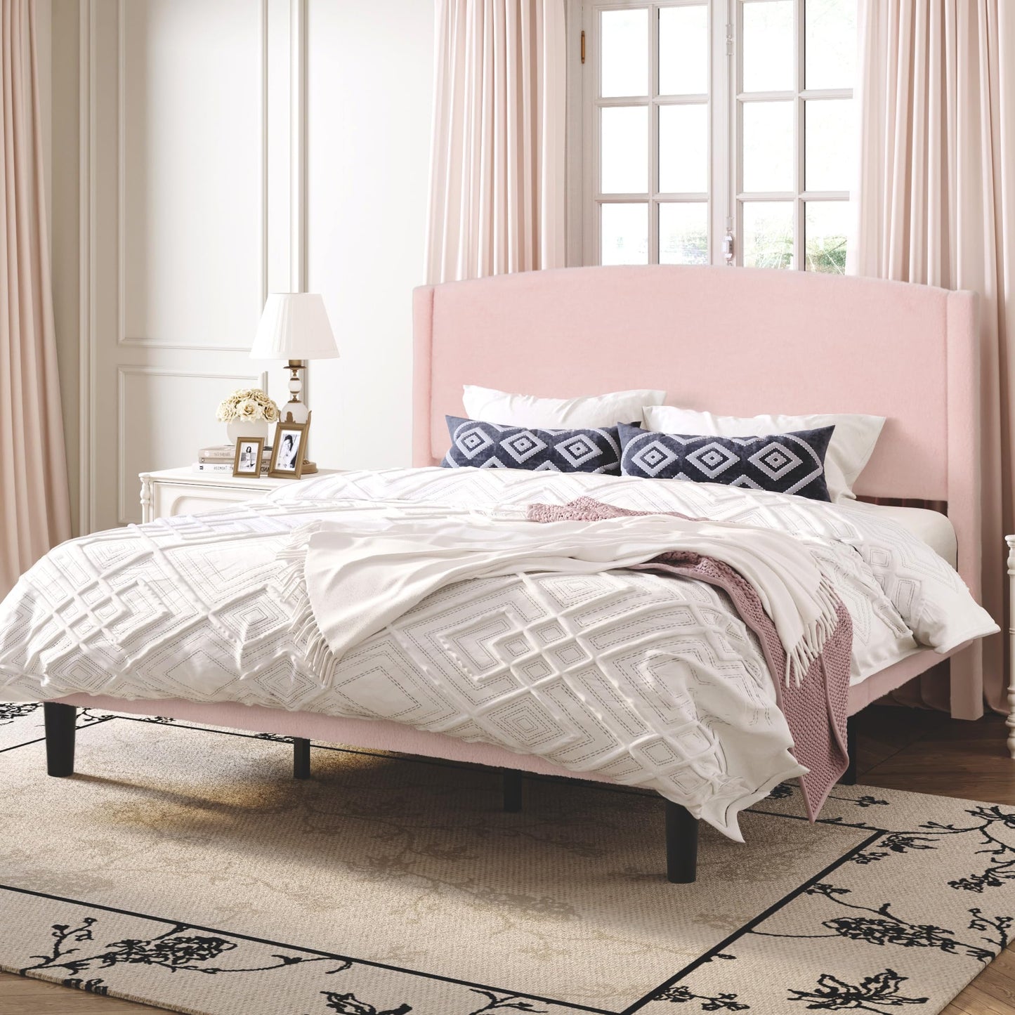 SHA CERLIN King Size Bed Frame with Soft Teddy Fabric, Boucle Upholstered Platform Bed, Curved Headboard Design, Wooden Slats Support, Noise-Free, No Box Spring Needed, Easy Assembly, Pink
