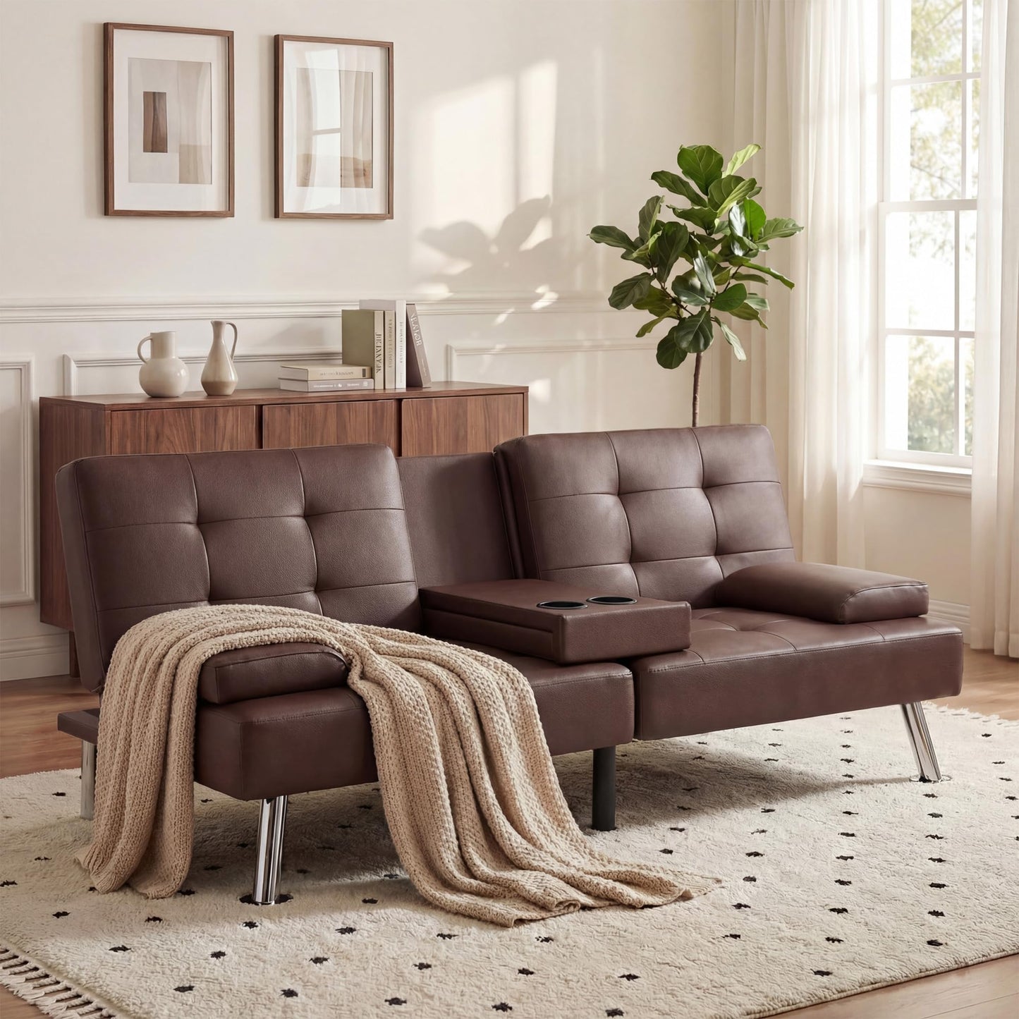 YESHOMY Modern Futon Sofa Bed, Convertible Futon Couch with Adjustable Backrest, Futon Loveseat Sleeper Sofa Bed with Armrest for Living Room, Small Spaces,PU Leather, Brown