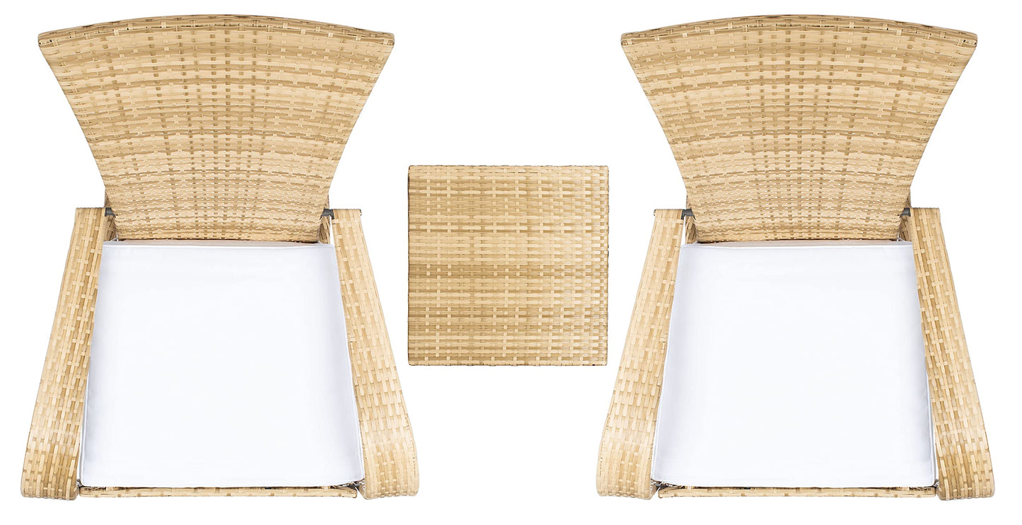 SAFAVIEH Outdoor - Edna 3-Piece Lounge Set - Natural & White - Steel Frame & Faux Rattan with Cushion - Wingback Tropical French Design - Ideal for Patio, Deck, Porch, Backyard (PAT7719D)