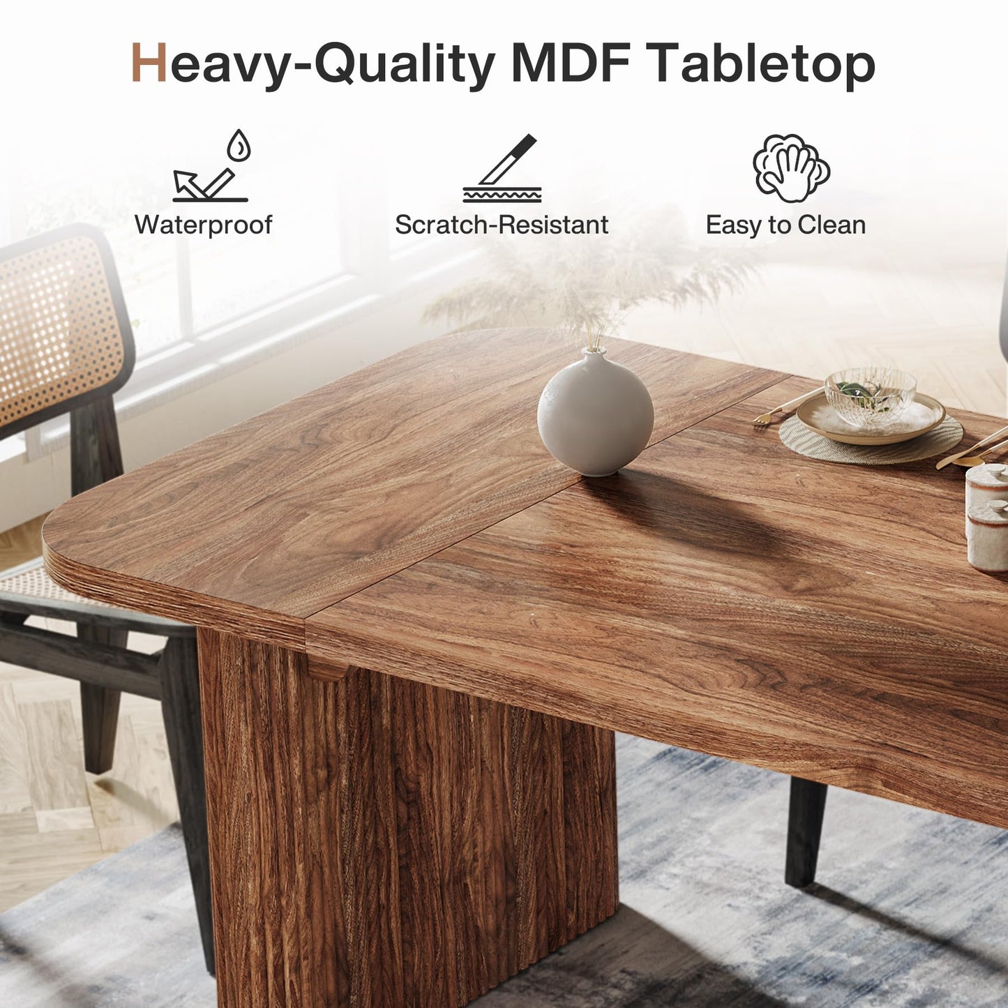 Tribesigns Modern Dining Table for 6 People, 62-Inch Dark Brown Kitchen Table with Double Robust Pedestal, Long Rectangle Wood Dinner Table for Dining Room