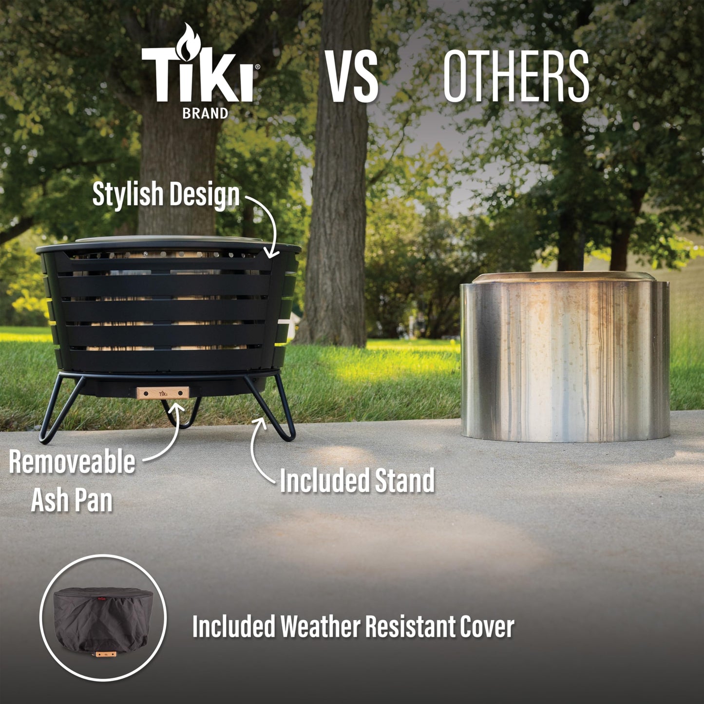 TIKI Patio Smokeless Outdoor Fire Pit, 25-Inch Wood-Burning Bonfire with Removable Ash Pan, Stand, and Weather-Resistant Cover