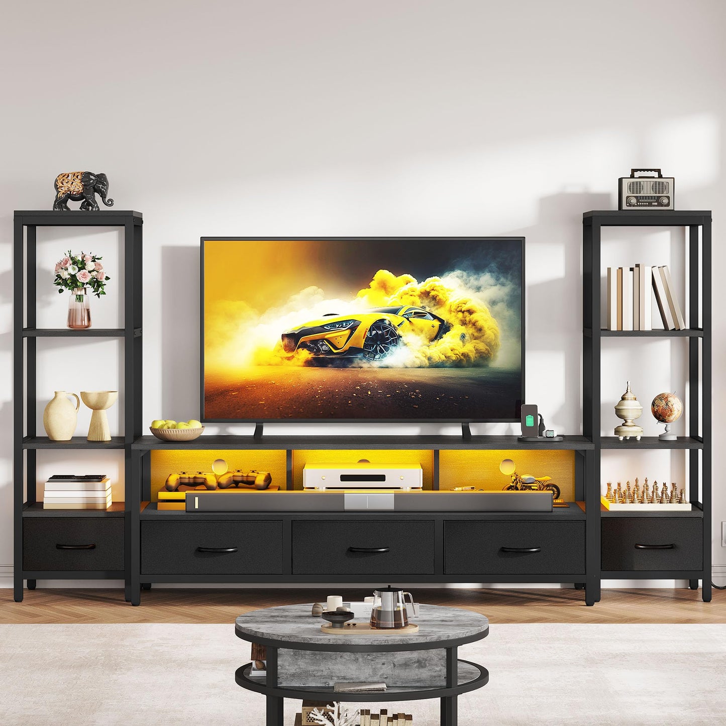 DWVO Entertainment Center with Bookshelves, LED TV Stand for 65/60 inch TV, Black TV Stand for Living Room with 2 Modern 4-Tier Bookshelves & Power Outlets, Black