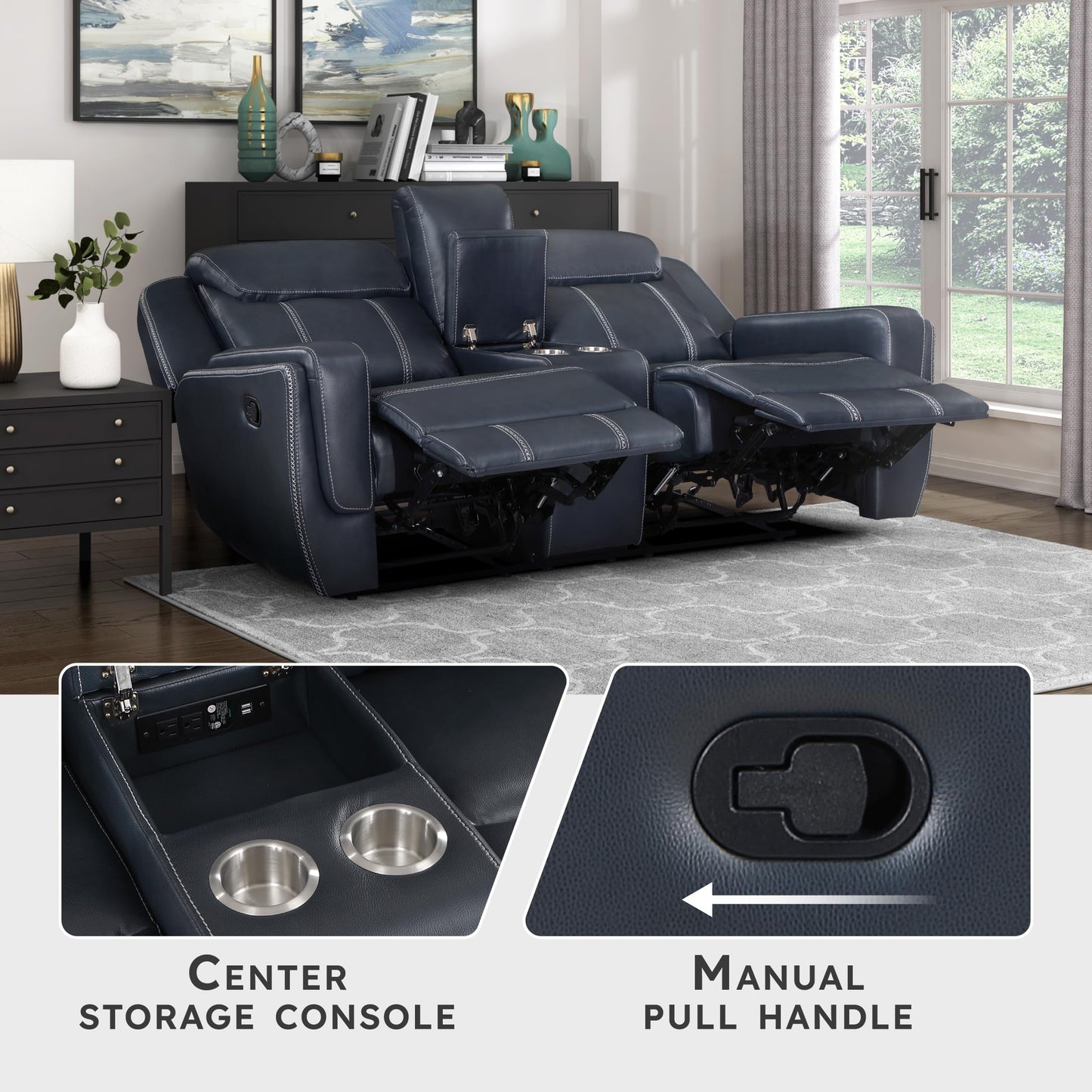 Lexicon Modern Double Reclining Loveseat, Faux Leather Recliner Loveseat with Headrest, Center Console, Receptacles and USB Ports, Manual Recliner Loveseat Sofa for Living Room/Office/Apartment, Blue
