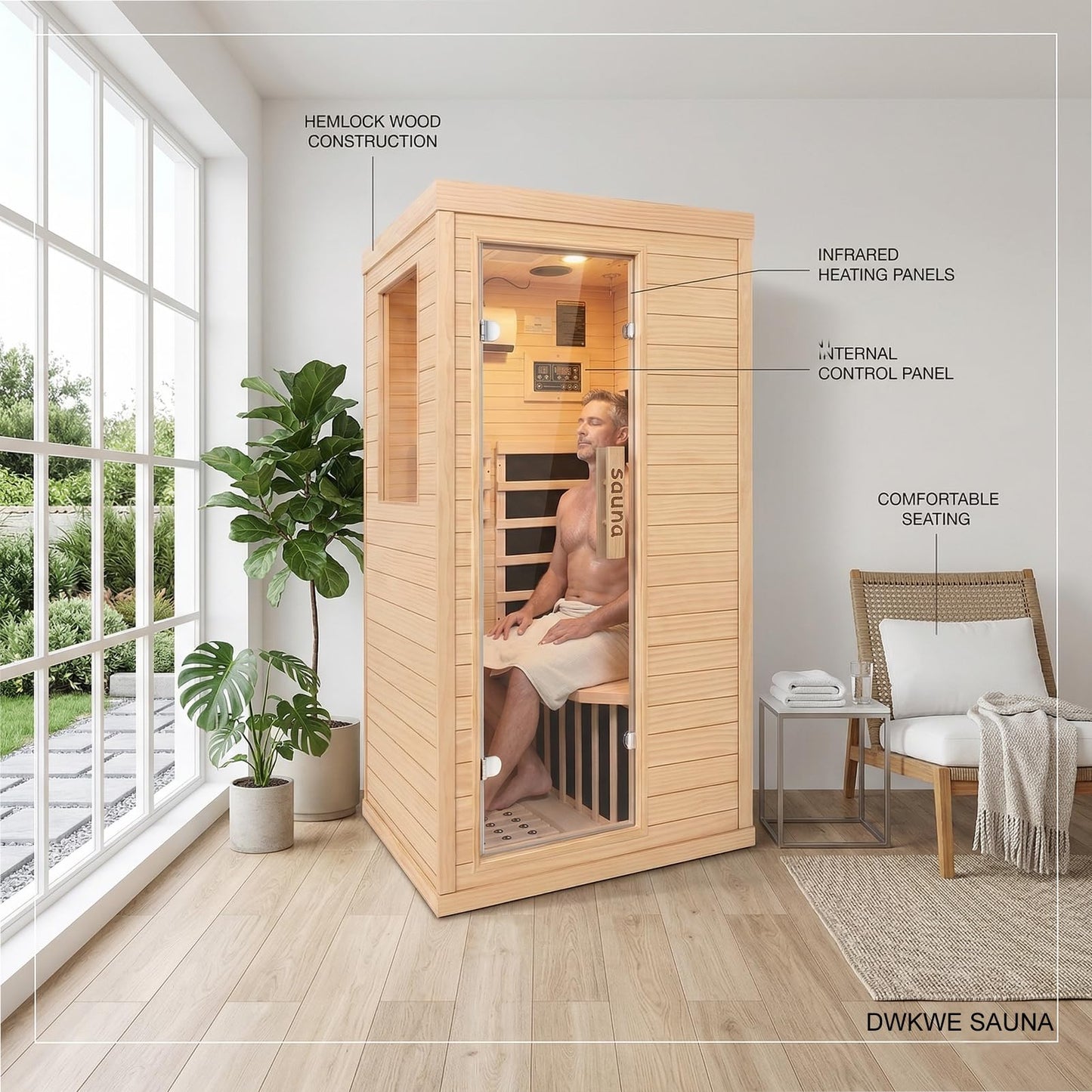 DWKWE Far Infrared Sauna Room for Home Use - 1350W Natural Hemlock Indoor Personal Wooden Personal Dry Sauna with Rapid Heating, Perfect for Athletes, Busy Professionals & Arthritis Sufferers