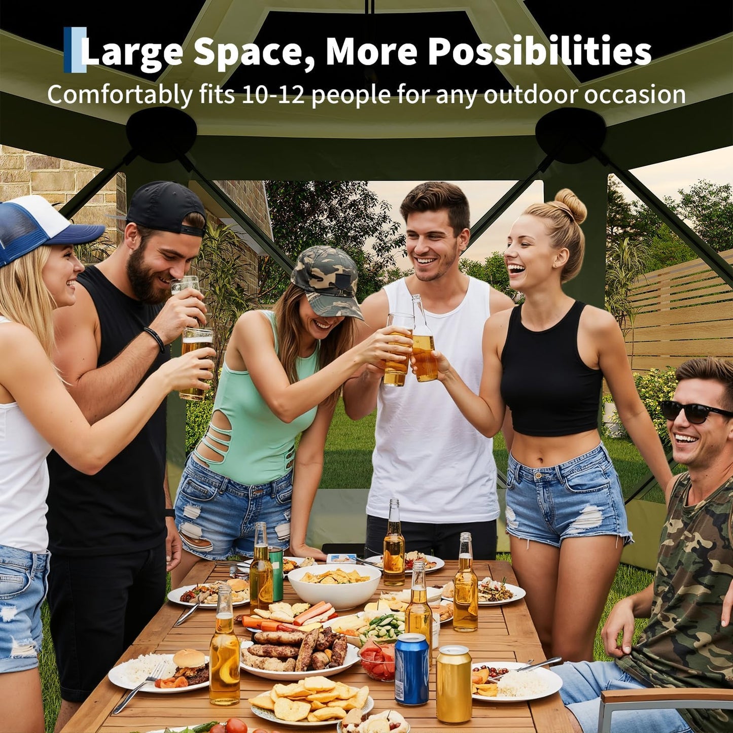 GarveeLife 11.5x11.5FT 6-Sided Pop Up Gazebo Tent，One-Push Setup Canopy Tent with Mesh Panels & Removable Wind Cloths, Outdoor shelter for Camping, Backyard Parties, Outdoor Events - Army Green