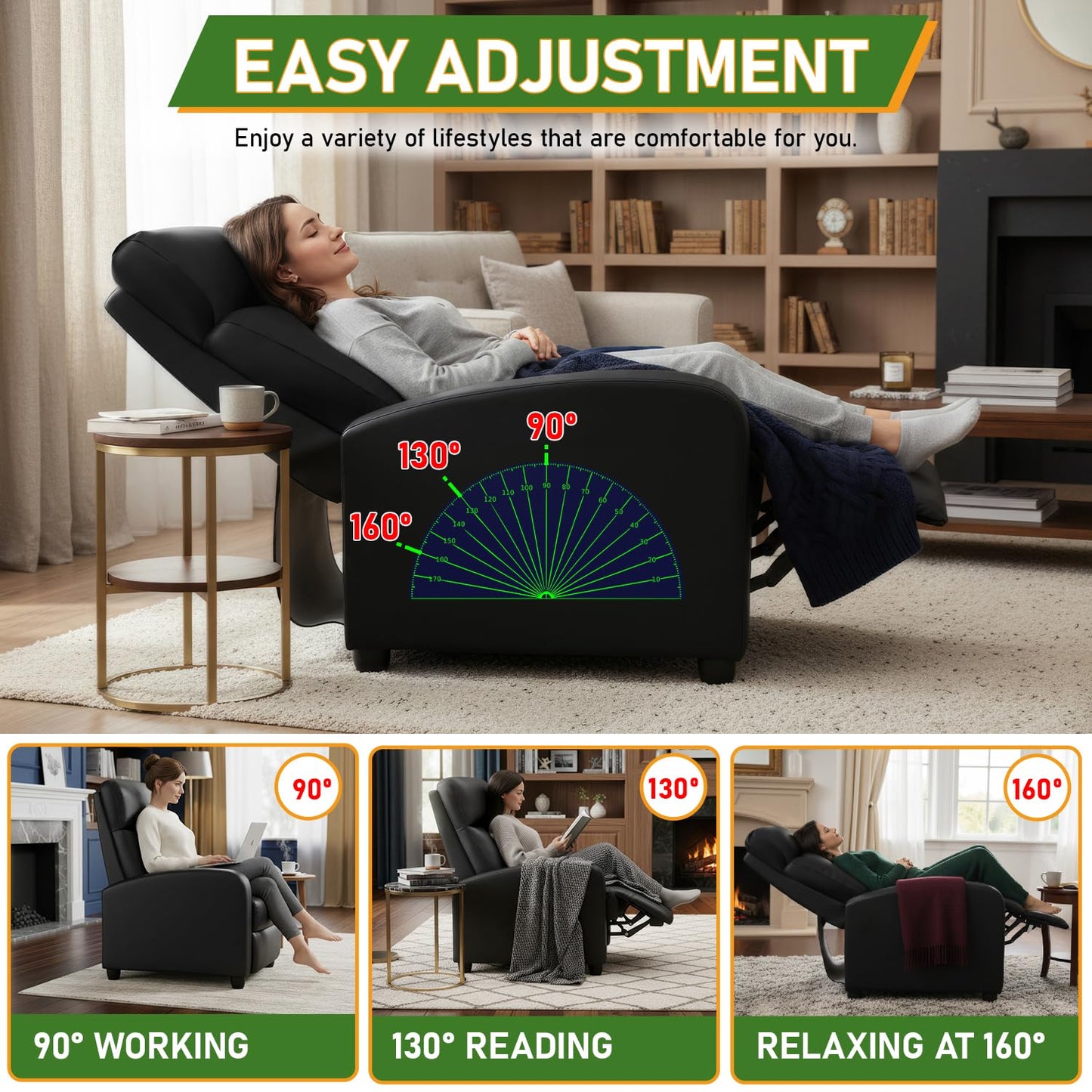 PayLessHere Recliner Chair Single Reclining Sofa Home Theater Seating with Lumbar Support and Padded Backrest for Living Room and Bedroom (Leather, Black-Massage)