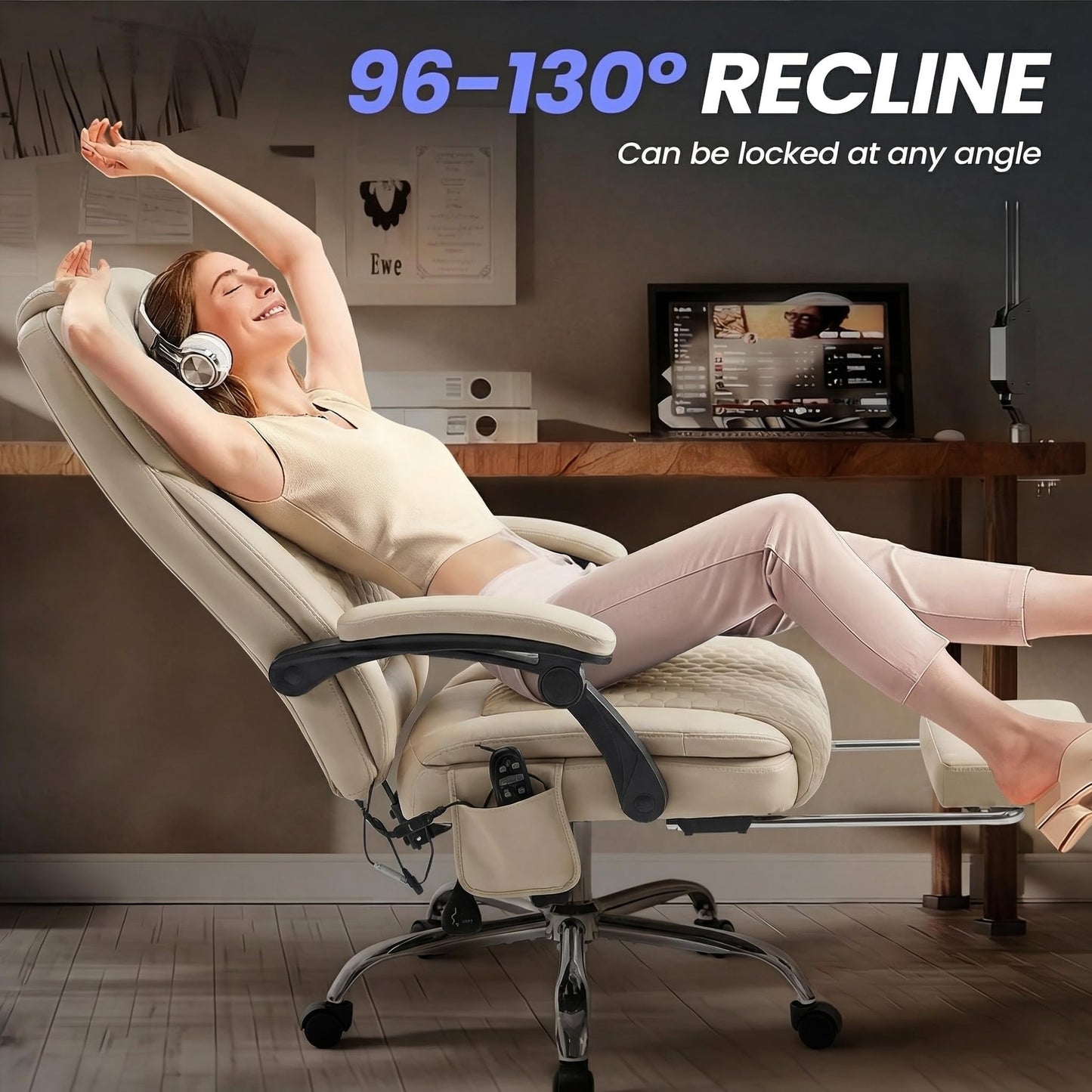 MALOL Massage Office Chair Set of 2 with Heat and Footrest - 3-Level 65°C Targeted Heating, 20-Min Assembly Leather Desk Chair, Big and Tall Executive Computer Chair with Side Pocket, 300 lbs, Beige