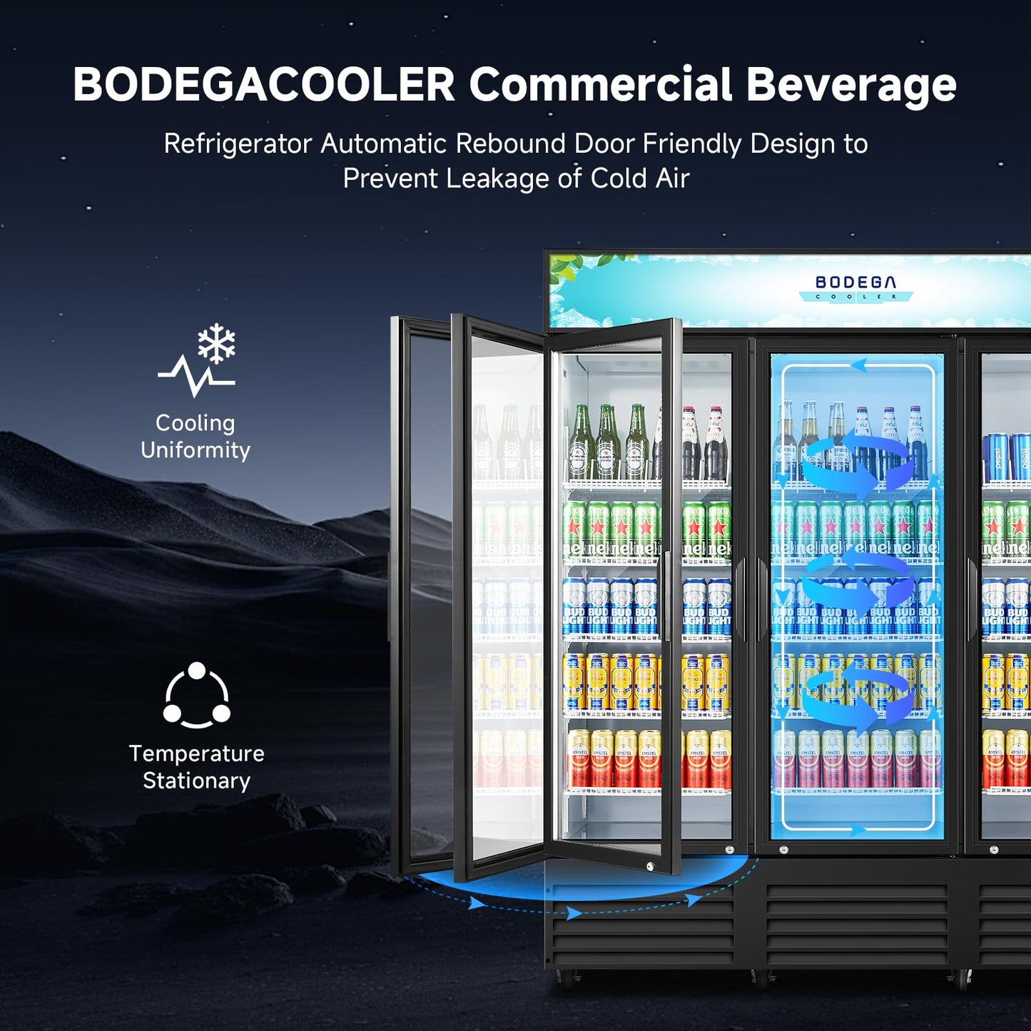 BODEGACOOLER 67.3“W 53 Cu. Ft Commercial Beverage Refrigerator,3 Glass Door Merchandiser Cooler, Display Refrigerator with LED Lighting, Adjustable Shelves, Temperature Control, Heavy-Duty Casters