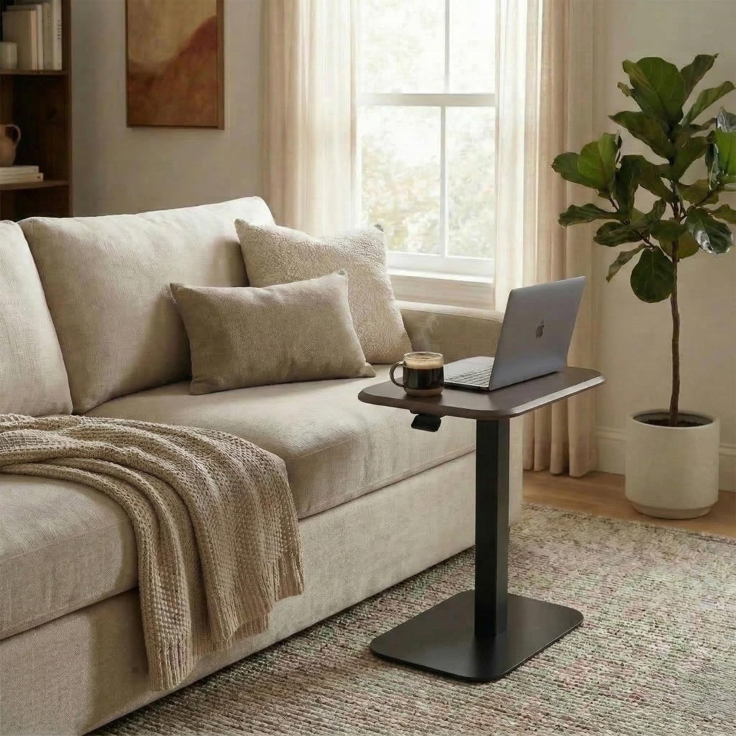 Ergohome Elevance Height Adjustable Side Table, Black Base, Walnut Top | Sofa Laptop Table for Couch & Bed | Small C-Shape End Table for Home or Office