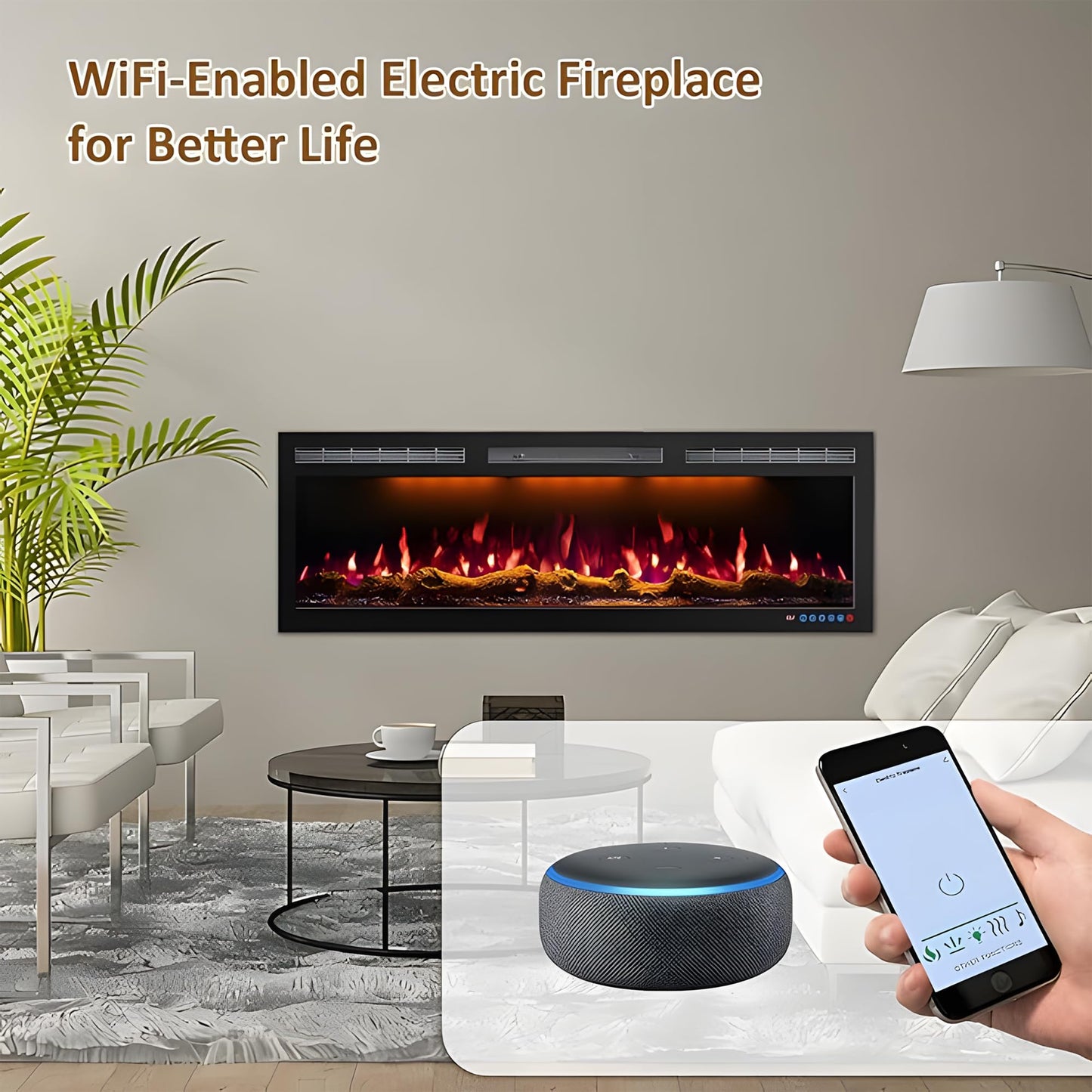 Mystflame 60 Inch WiFi Electric Fireplace Heater, Recessed or Wall Mounted, Ultra‑Slim 5.51" Deep, 750/1500W, 6 Flame Colors & 13 Ember Bed Colors,Remote & App Control, Alexa & Google Home