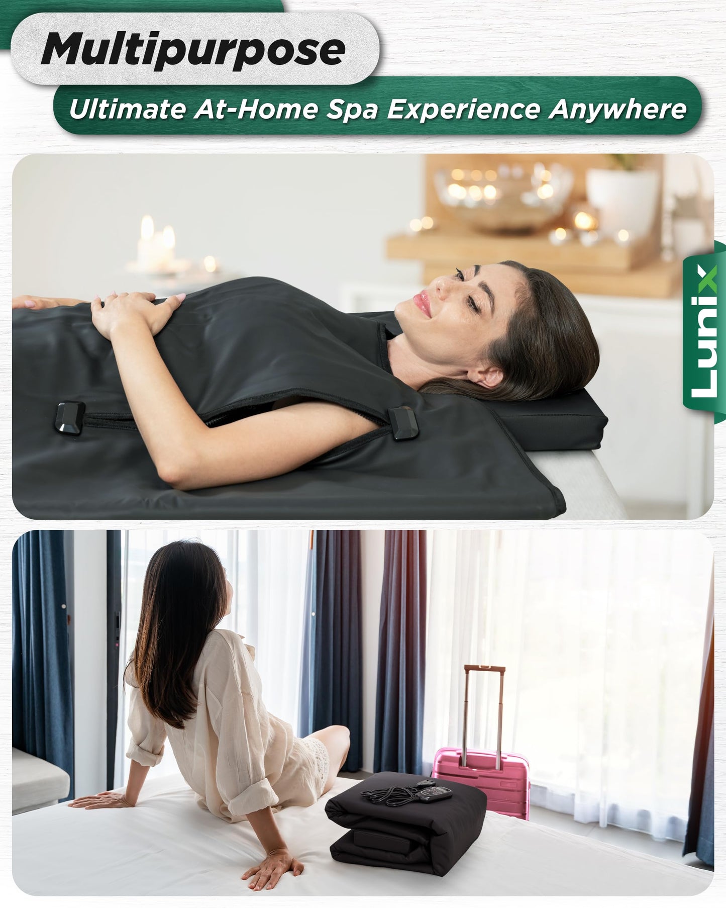 Lunix LX17 Infrared Sauna Blanket, Portable Sauna Bag for Relaxation, Detox & Stress Relief, Adjustable Heat 77–176°F, Far Infrared Blanket with Pillow, Wrap & Hot Cold Gel Pack – Jet Black
