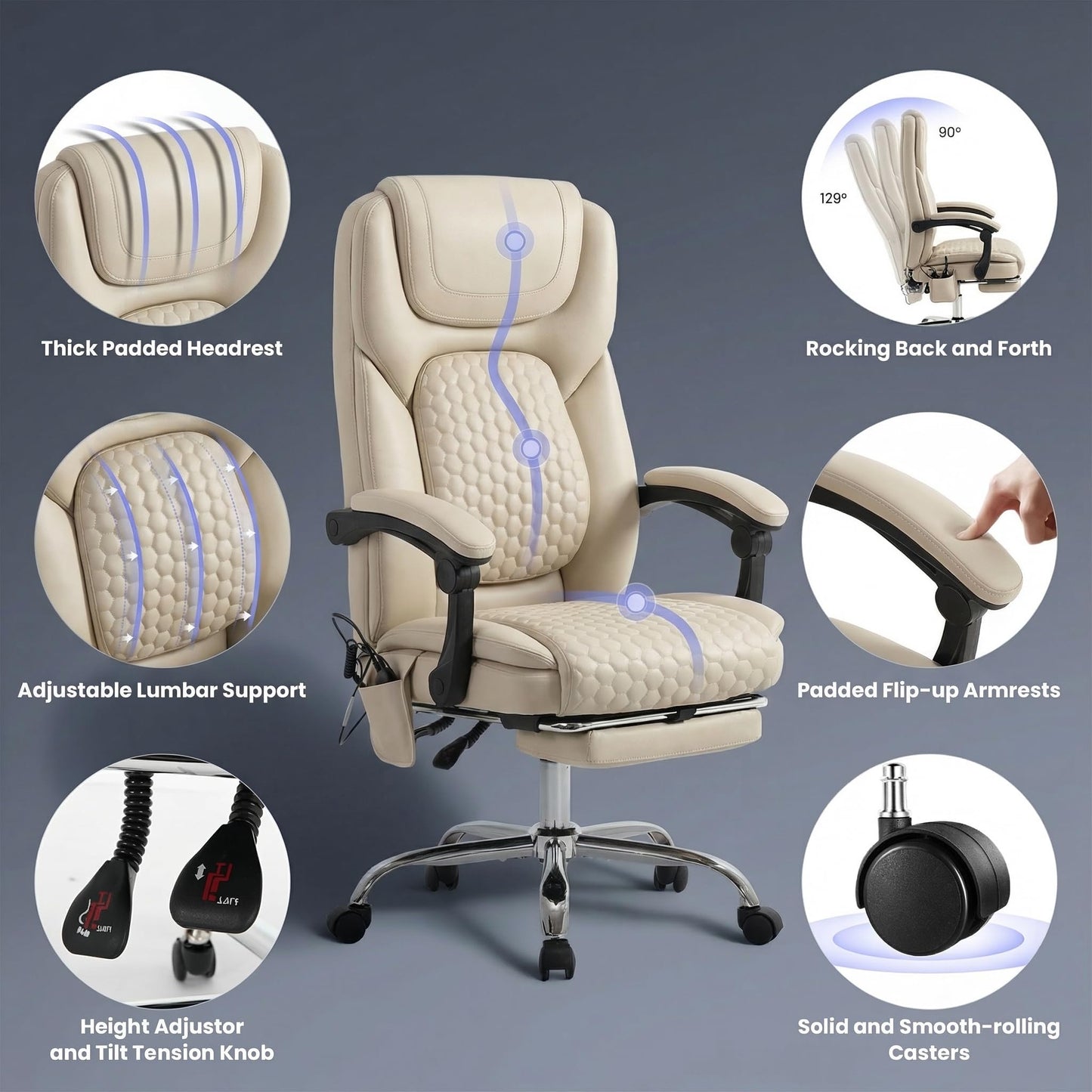MALOL Massage Office Chair Set of 2 with 3-Level Heat and Footrest – 20-Min Easy Assembly, 300 lbs Big and Tall Desk Chair, PU Leather Ergonomic Executive Computer Chair with Side Pocket, Beige