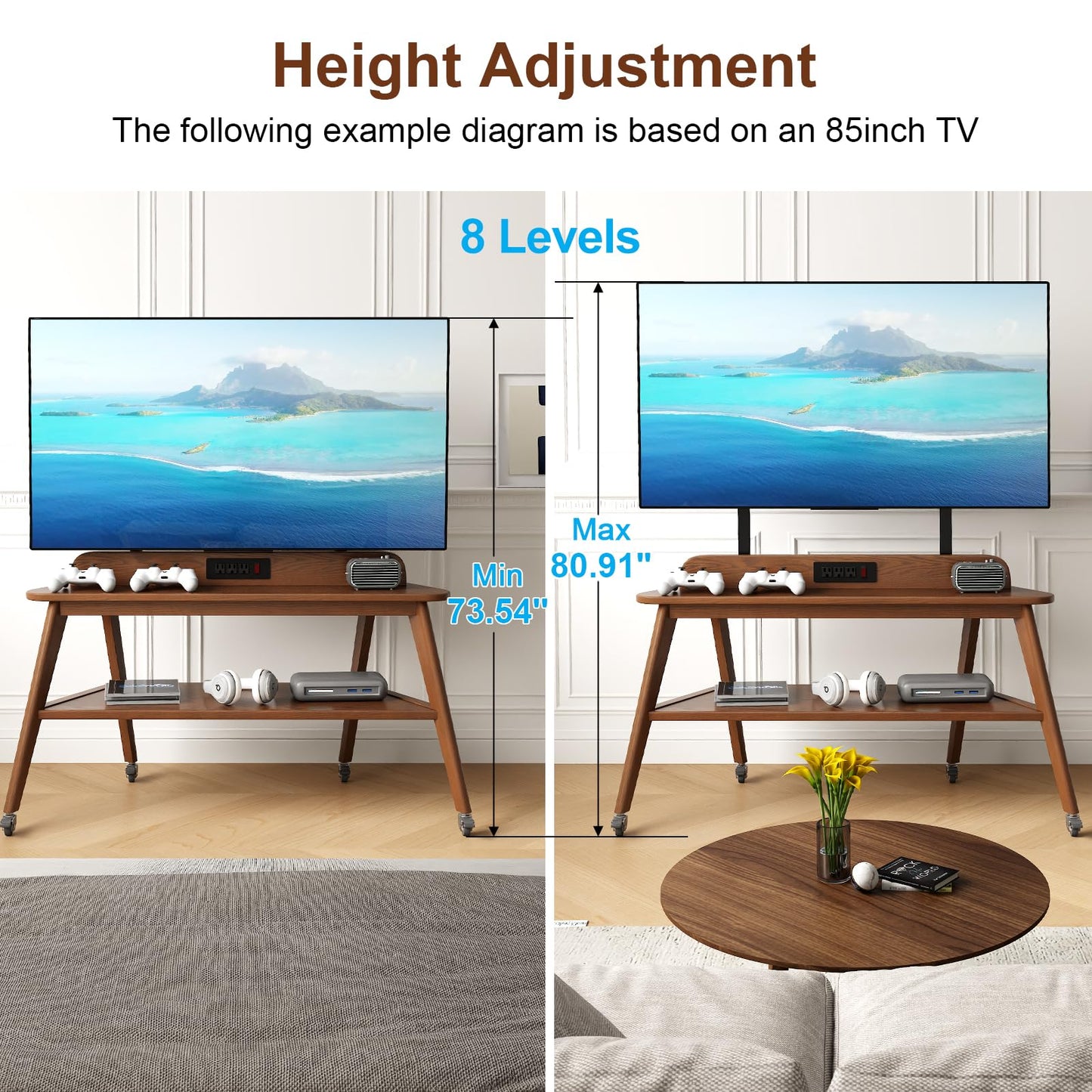 Solid Wood Rolling TV Stand with Power Outlet,Corner Entertainment Center for 40-85 Inch,TV Cart with Storage Shelves,Television Stands with Adjustable Height,Mobile TV Stand for Bedroom,Living Room