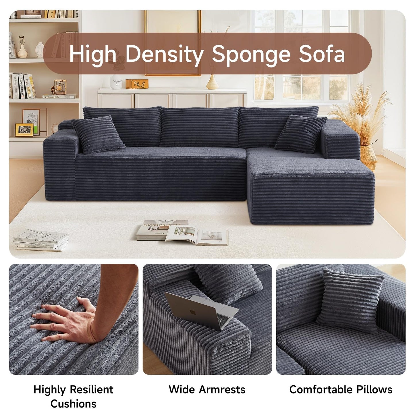 Trygoal 103” L Shaped Boneless Couch Cloud Modular Sectional Sofa, Memory Foam 3 Seater Couch with Oversized Chaise, Comfy Deep Seat Living Room Furniture Set, No Assembly, Dark Grey