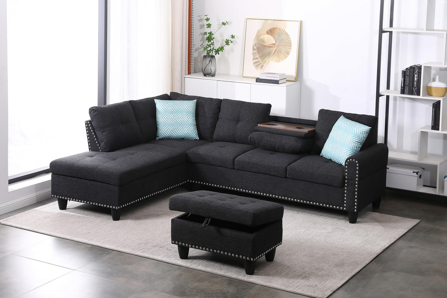 Favfurish 98" Left Hand Facing Sofa with Ottoman and Manufactured Wood Frame,L-Shaped Design Sectional Chaise W/Rounded Arms & Nailhead Trim,for Living Room,Office,Apartment,Charcoal Grey