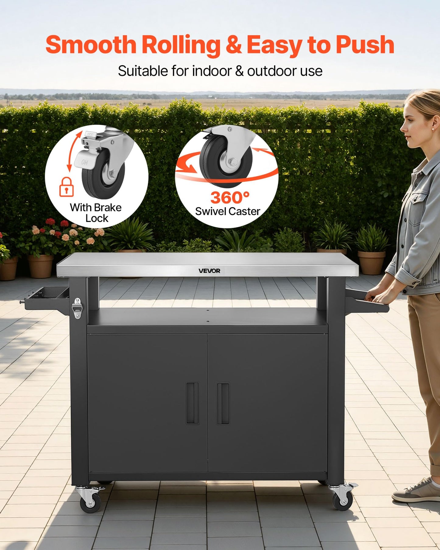 VEVOR Outdoor Grill Cart with Storage Cabinet, 53.1 Inch Grill Table, Waterproof Kitchen Island with Stainless Steel Top, Shelf, and Wheels, Movable Food Prep Station for Patio Bar Backyard BBQ