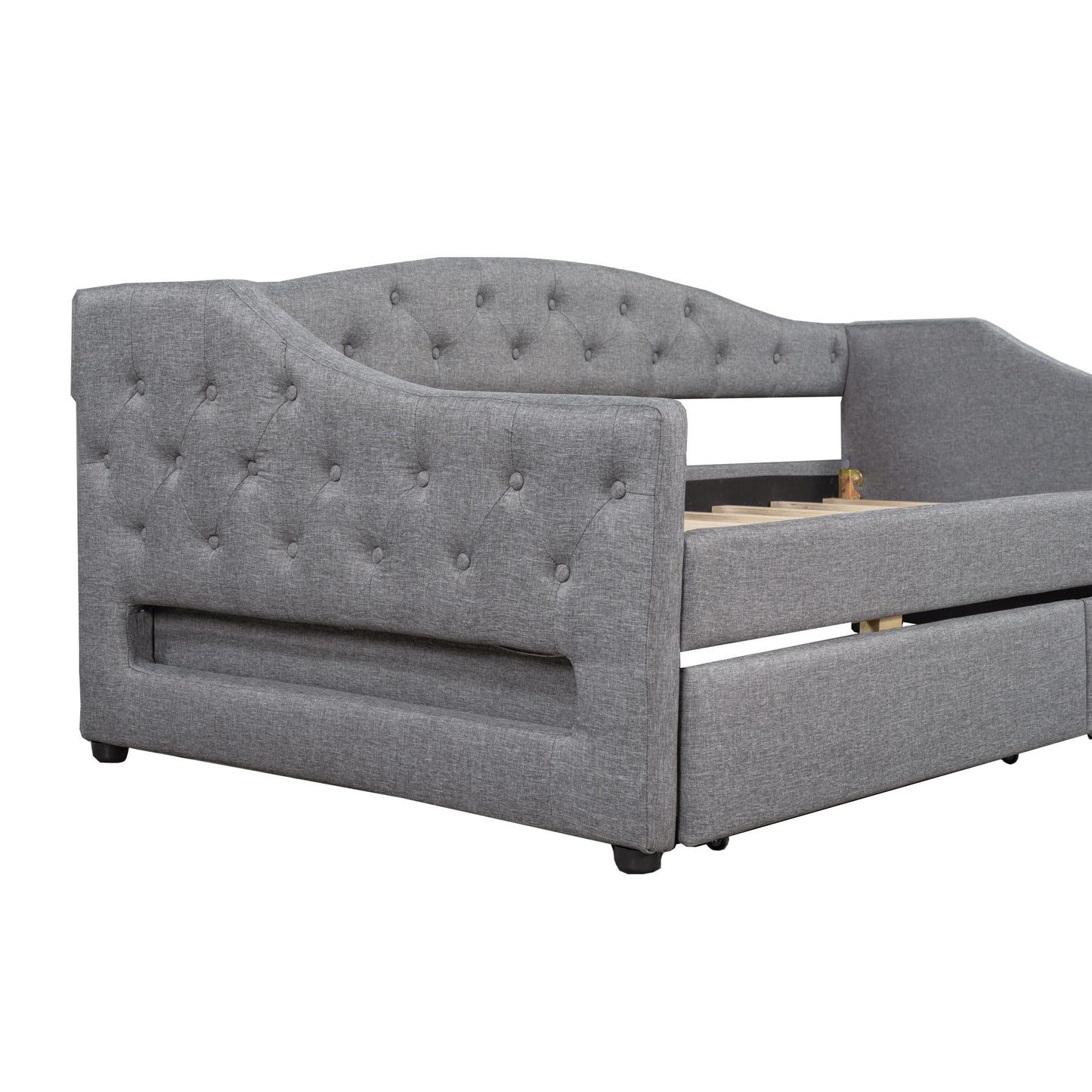 Merax Twin XL Size Modern Upholstered Platform Bed with 2 Drawers, Linen Sofa Daybed with Wood Slat Support, Storage Bed Frame, Space Saving/Gray