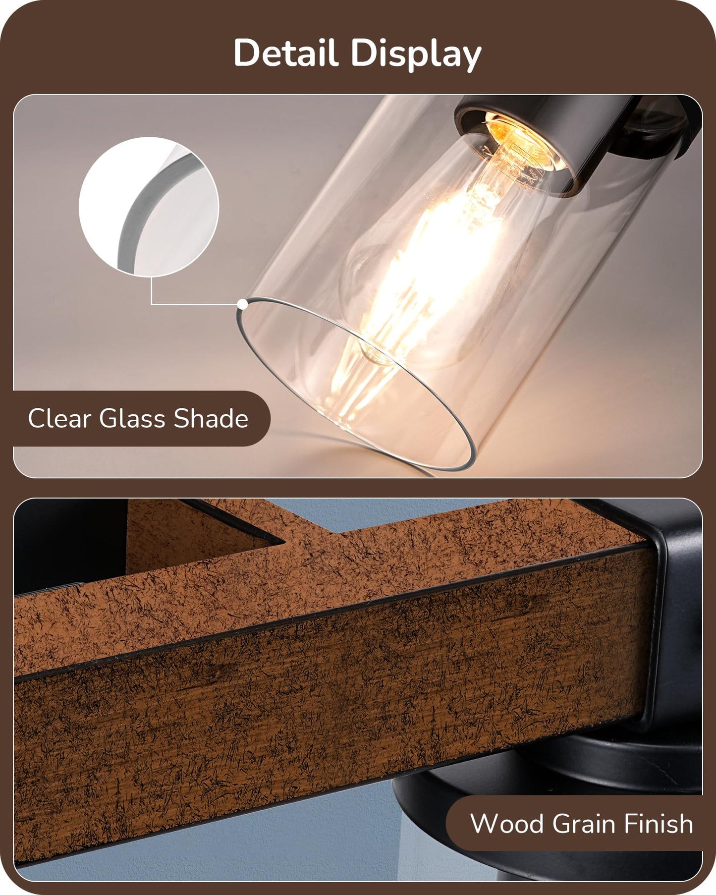EDISHINE 2-Light Bathroom Vanity Light Fixtures, Dark Wood, Metal, Model HHVL02F, Clear Glass Shade, Ideal for Mirror and Powder Room