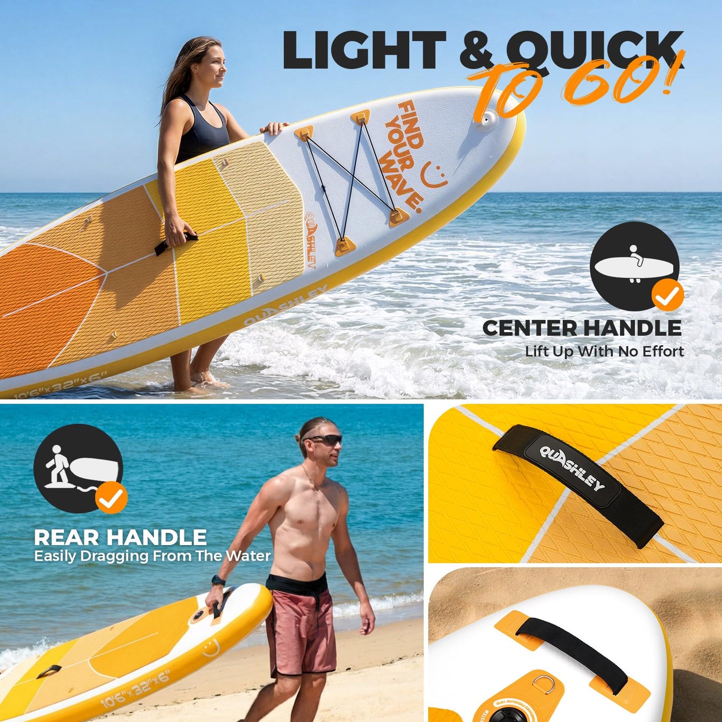 Quashley Inflatable Stand Up Paddle Board - All-Round SUP for Yoga,Fishing,Touring | Portable,Stable,Lightweight with Non-Slip Deck & Paddle for Beginners & Family Fun Yellow