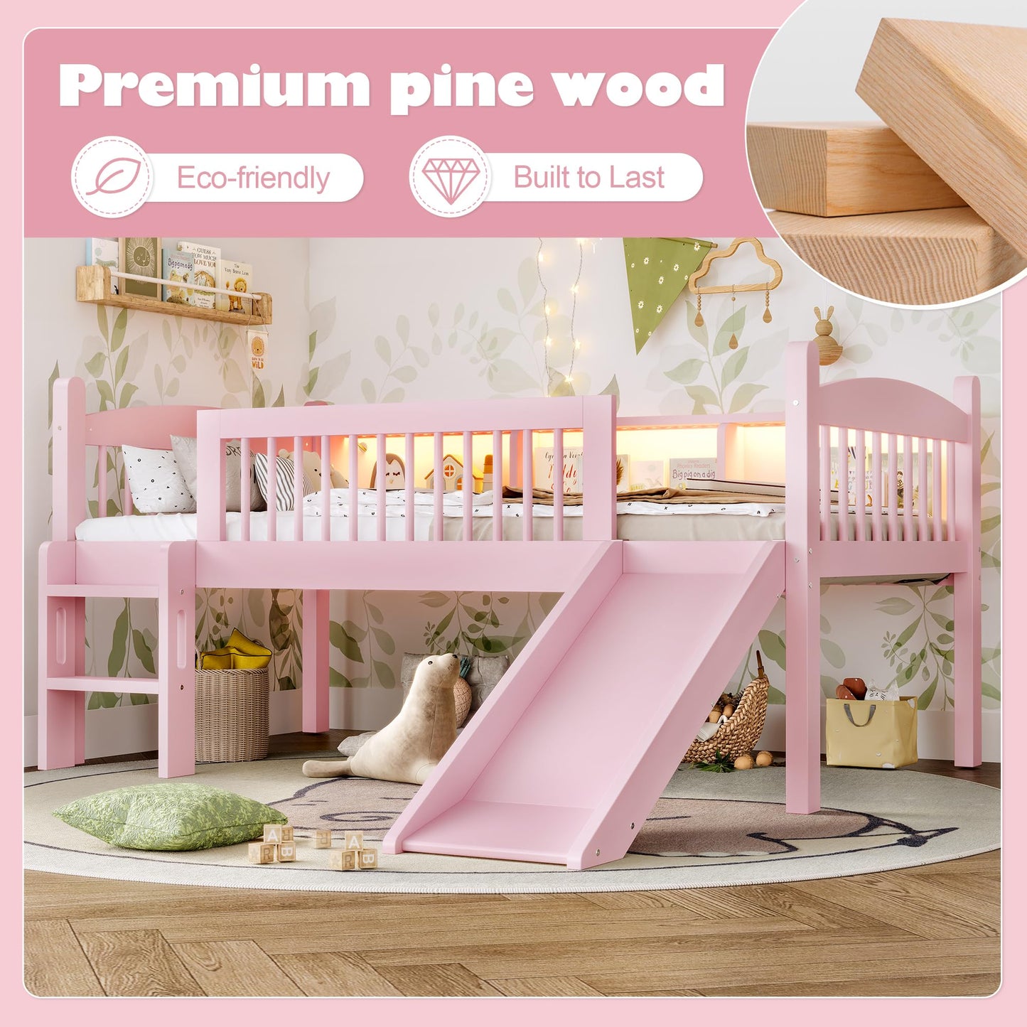 Bellemave Twin XL Loft Bed with Slide and Ladders, Solid Wood Low Loft Bed with Storage Shelves and LED Lights, Loftbed Frame for Kids, Boys, Girls, Childlike and No Box Spring Needed Design, Pink