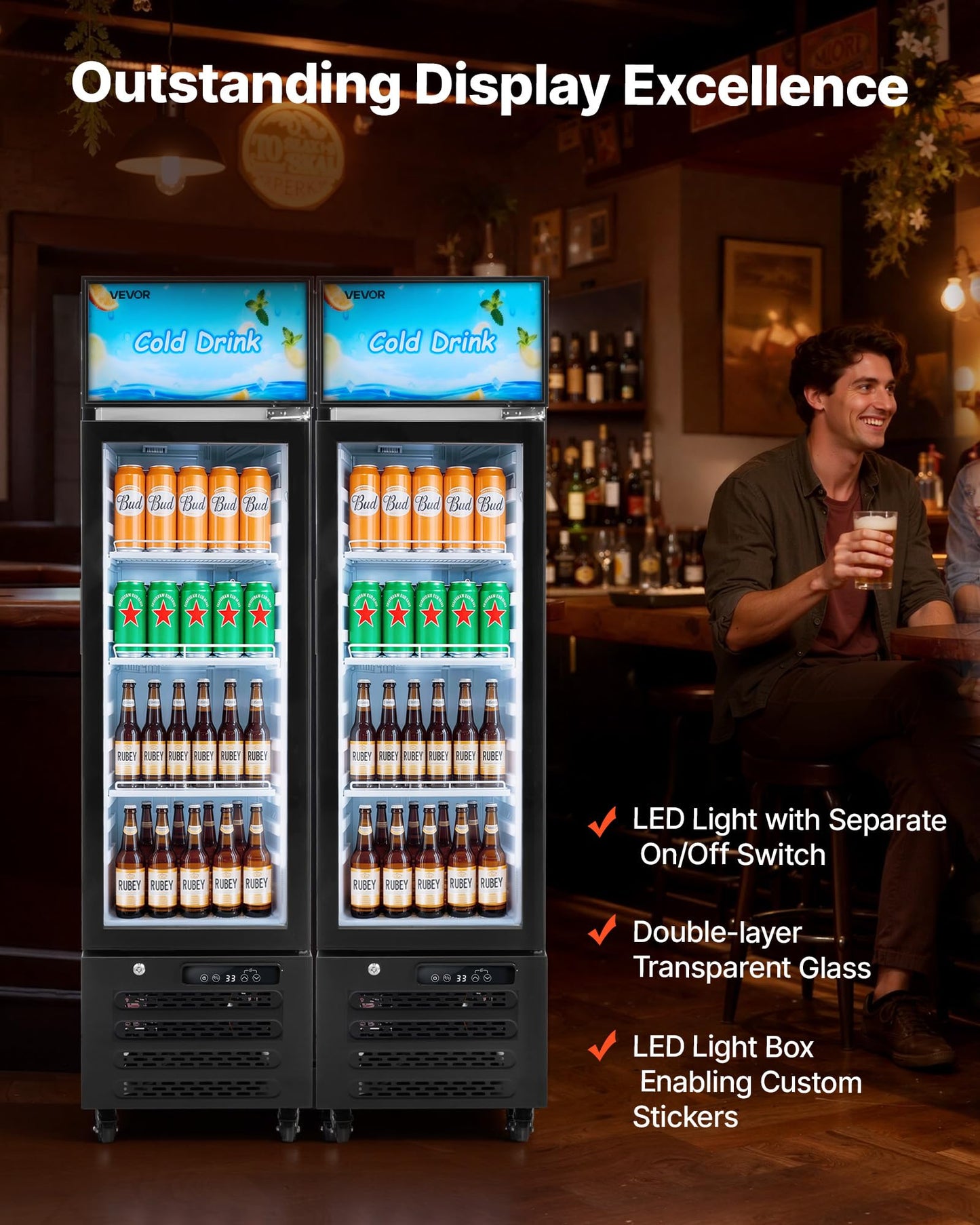 VEVOR Commercial Merchandiser Refrigerator, 6.1 Cu.Ft / 173 L Glass Door Display Refrigerator, Upright Beverage Cooler with Customizable Lightbox, 3 Adjustable Shelves & Soft LED Light for Homes Shops