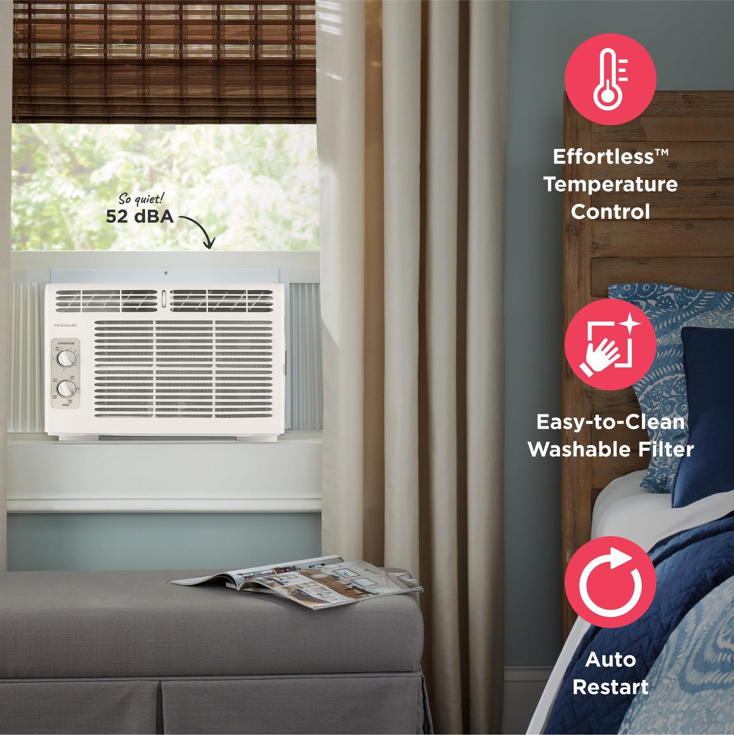 Frigidaire 5,000 BTU Window-Mounted Air Conditioner, Cools Up to 150 Sq. Ft., Quiet Operation, Effortless Temperature Control, 2 Fan Speeds, Auto Restart, White