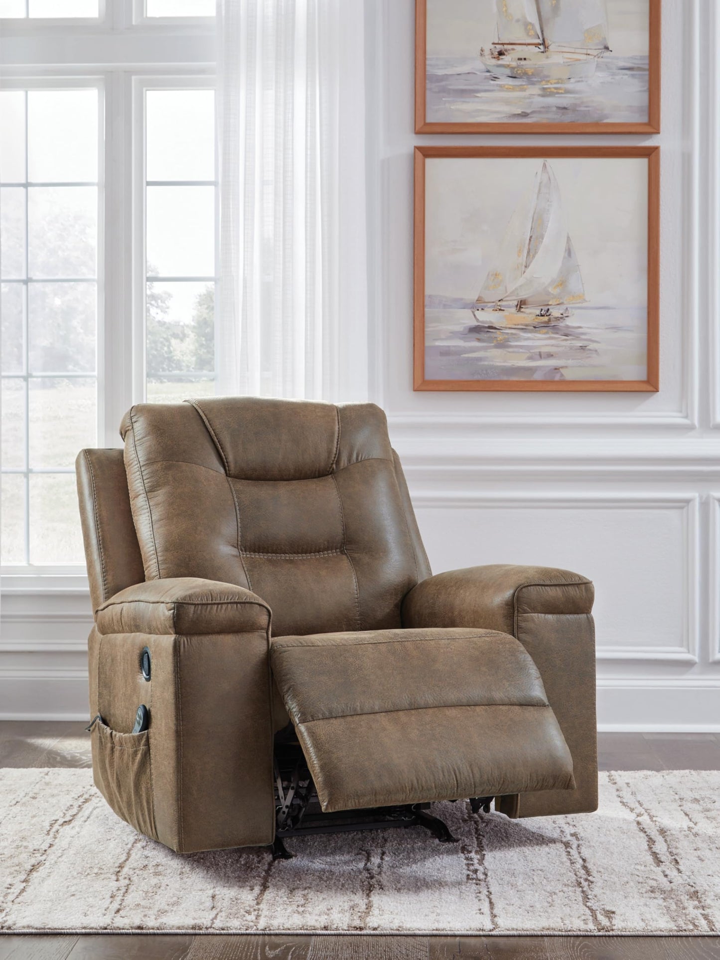 Signature Design by Ashley Shadehille Contemporary Faux Leather Manual Rocker Recliner with Side Pocket, Heat and Massage, Light Brown