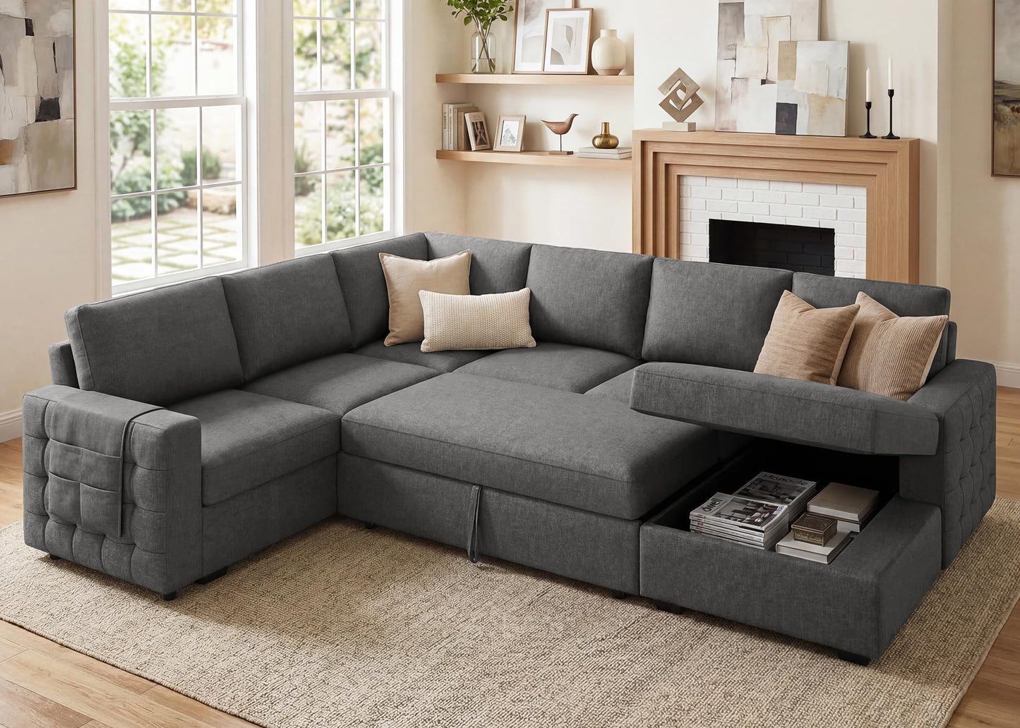 HONBAY Sectional Sleeper Sofa with Pull Out Bed U-Shape Sectional Couch Sleeper Bed with Storage Chaise 6 Seater Sleeper Sectional Sofa, Light Grey