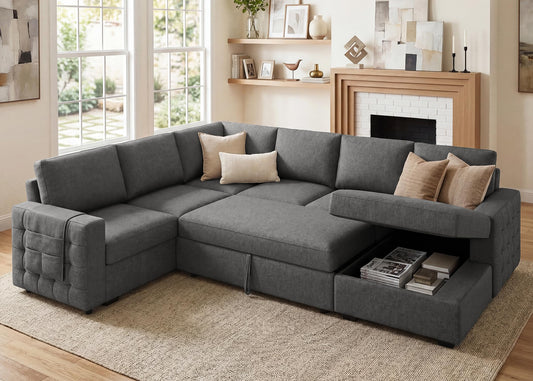 HONBAY Sectional Sleeper Sofa with Pull Out Bed U-Shape Sectional Couch Sleeper Bed with Storage Chaise 6 Seater Sleeper Sectional Sofa, Light Grey