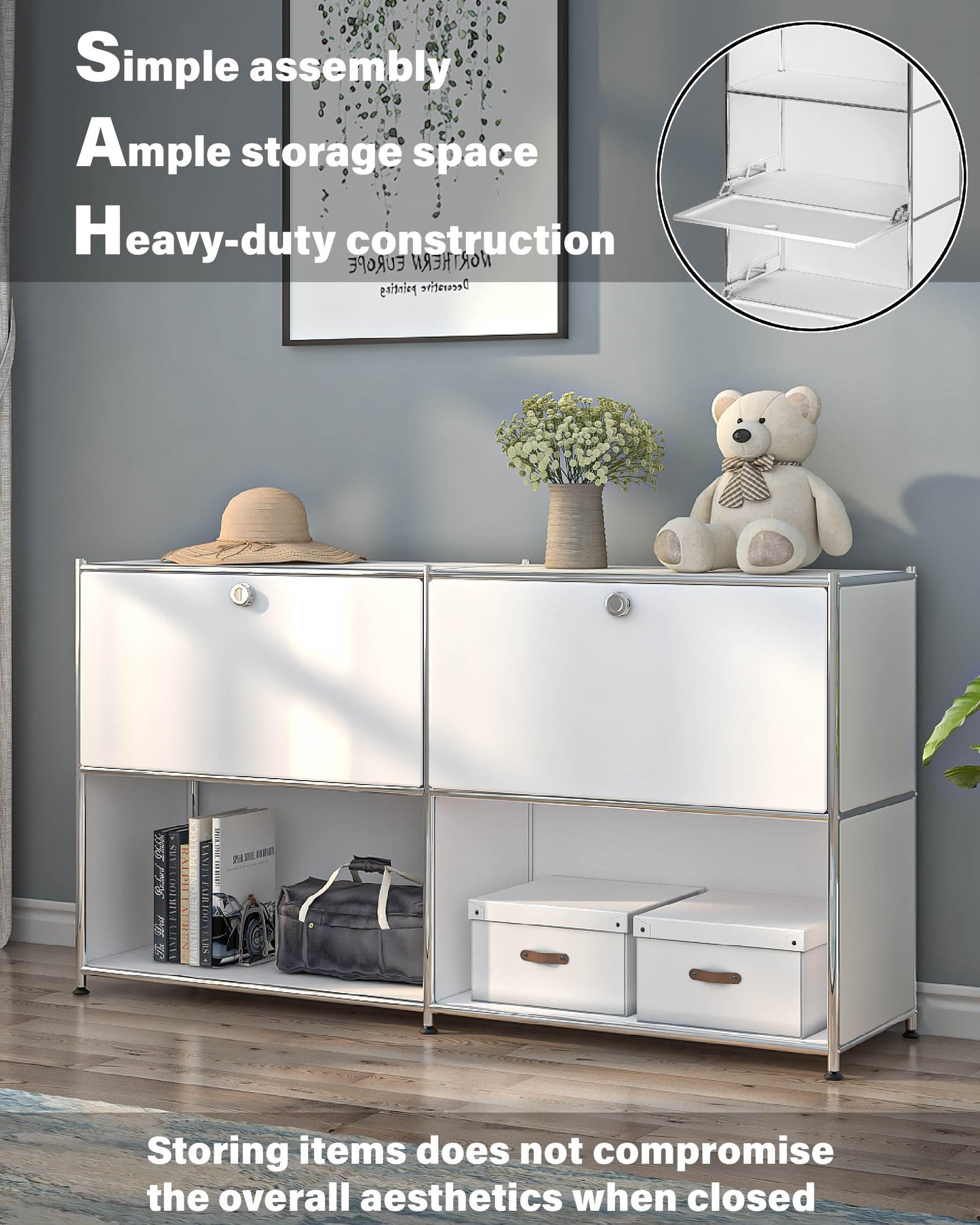 Simplink Metal Sideboard with 2 Flap Doors, DIY Modern Home Furnishing,Perfect for Home, Office, Kitchen, Hallway,Foyer Organization(White)