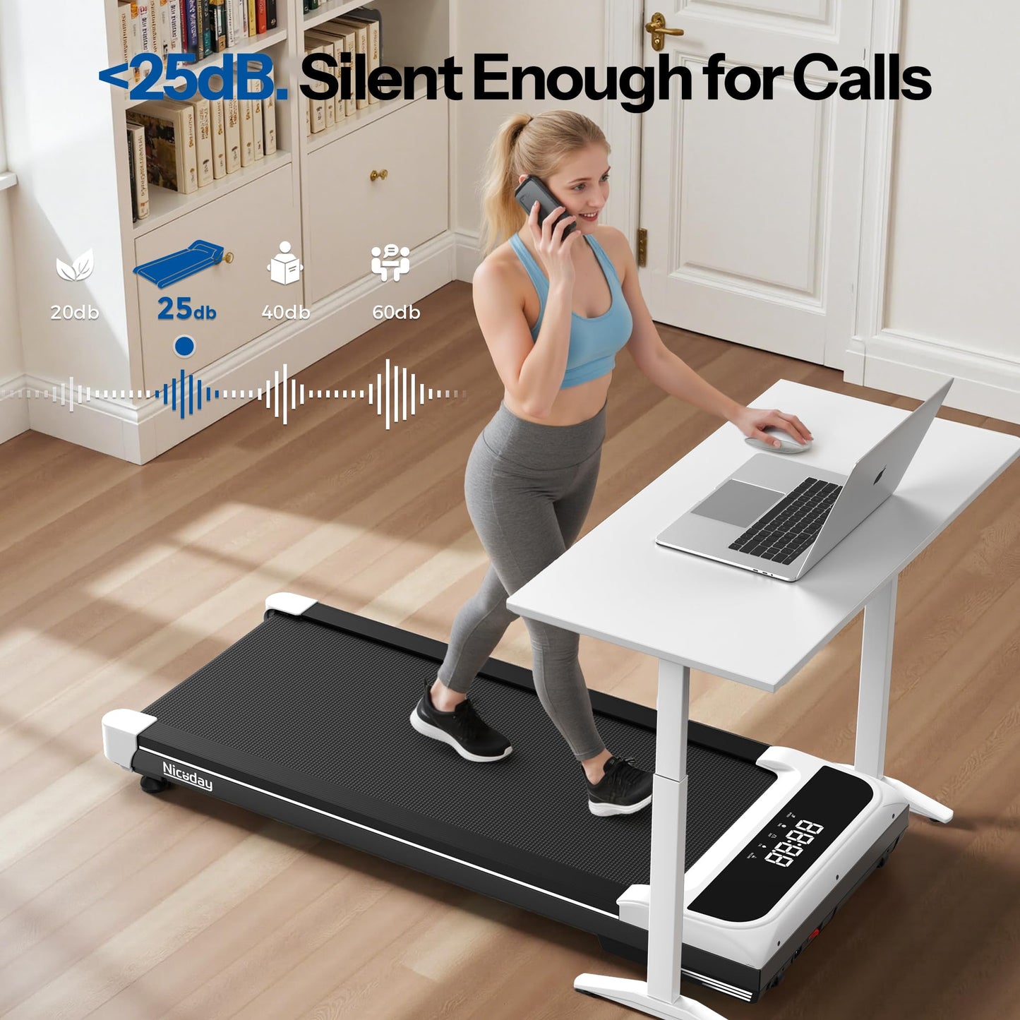 Niceday Walking Pad Treadmill with 10% Auto Incline, 400lbs Capacity, Under Desk Treadmill for Home Office, 3HP Super Quiet, Magnetic Remote & Preset Goal, White