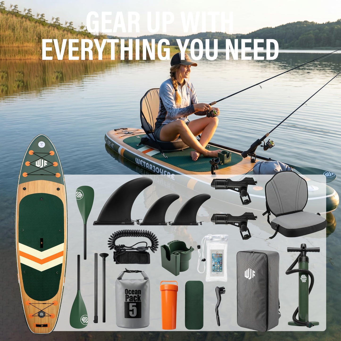 Wetarjoyfre Inflatable Paddle Board 11'×33"×6" SUP Board for Adults, 17Lbs Ultra-Light Fishing Paddleboard with 550Lbs Capacity, Non-Slip Deck & Complete Accessories for Youth & Pets