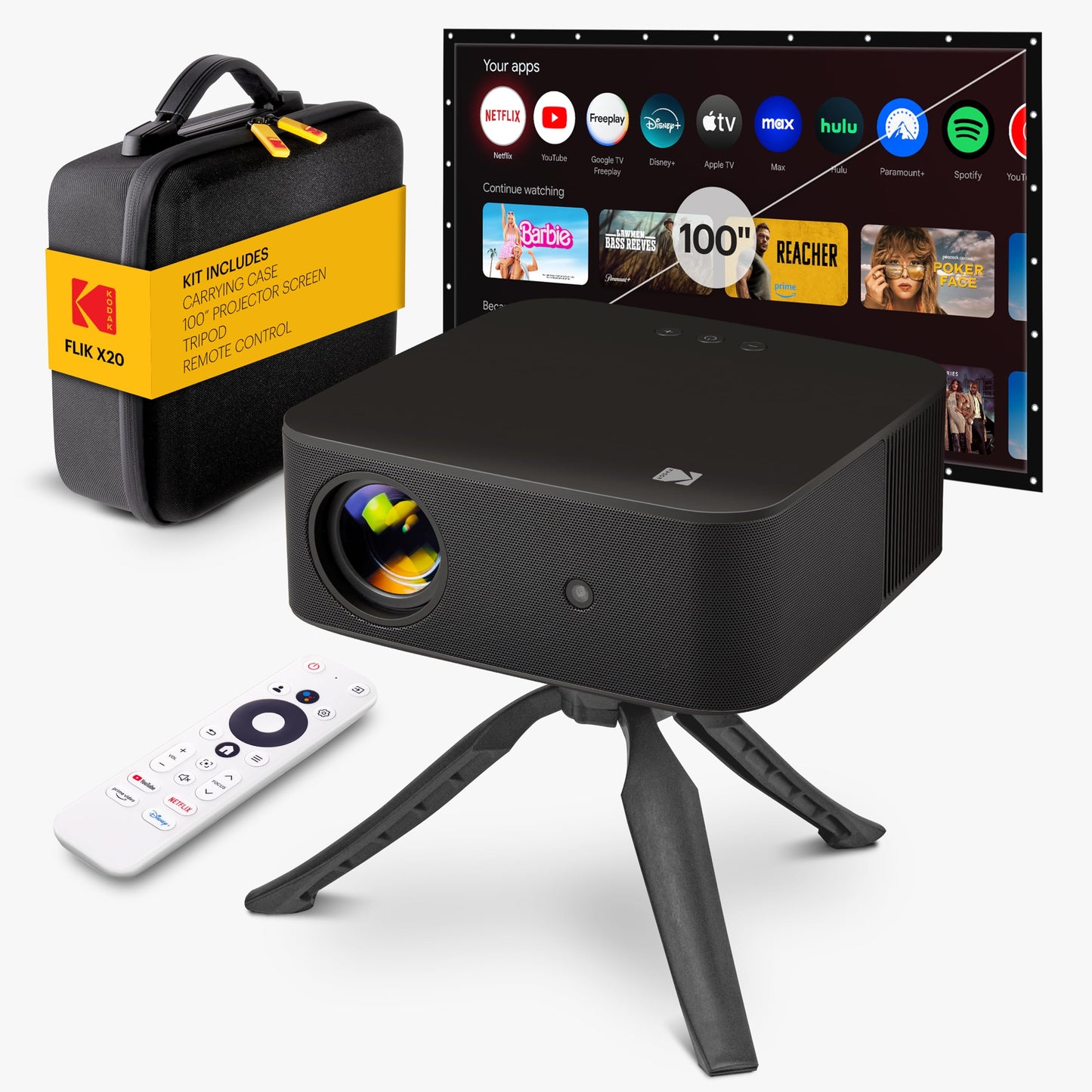 KODAK Flik X20 1080p Smart Projector - 1080p, 300 ANSI Lumens - Portable Projector with Wi-Fi, Bluetooth, ATV Dongle & Android TV 12 - Auto-Focus & Keystone Correction with 100" Screen & Tripod