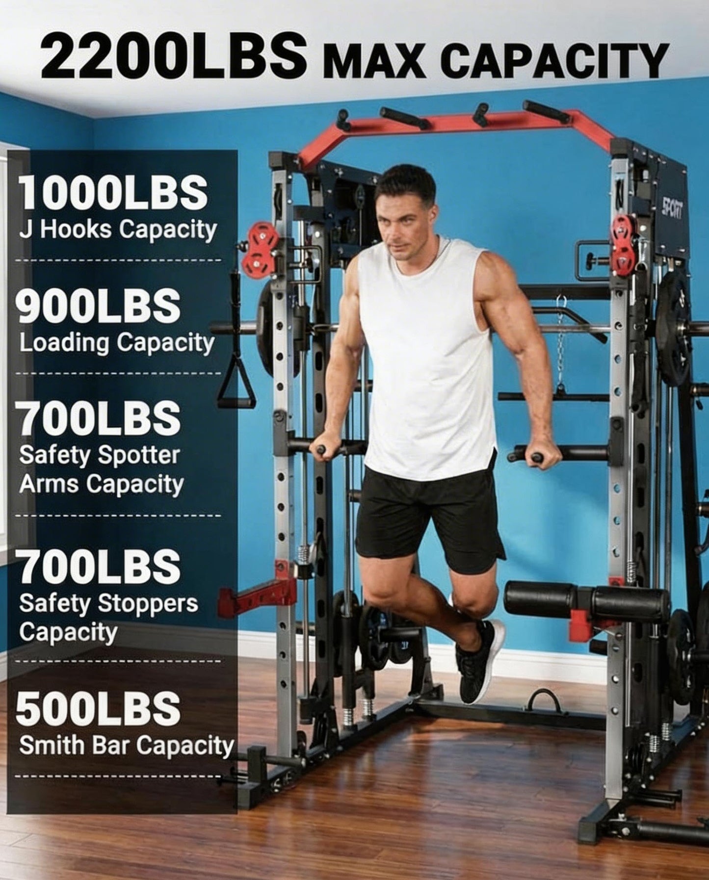 Smith Machine Home Gym, 2200LB Power Cage with Dual Pulley Cable Systems, LAT Pull-Down, Leg Hold-Down & 20+ Attachments for Full Body Workouts, Black