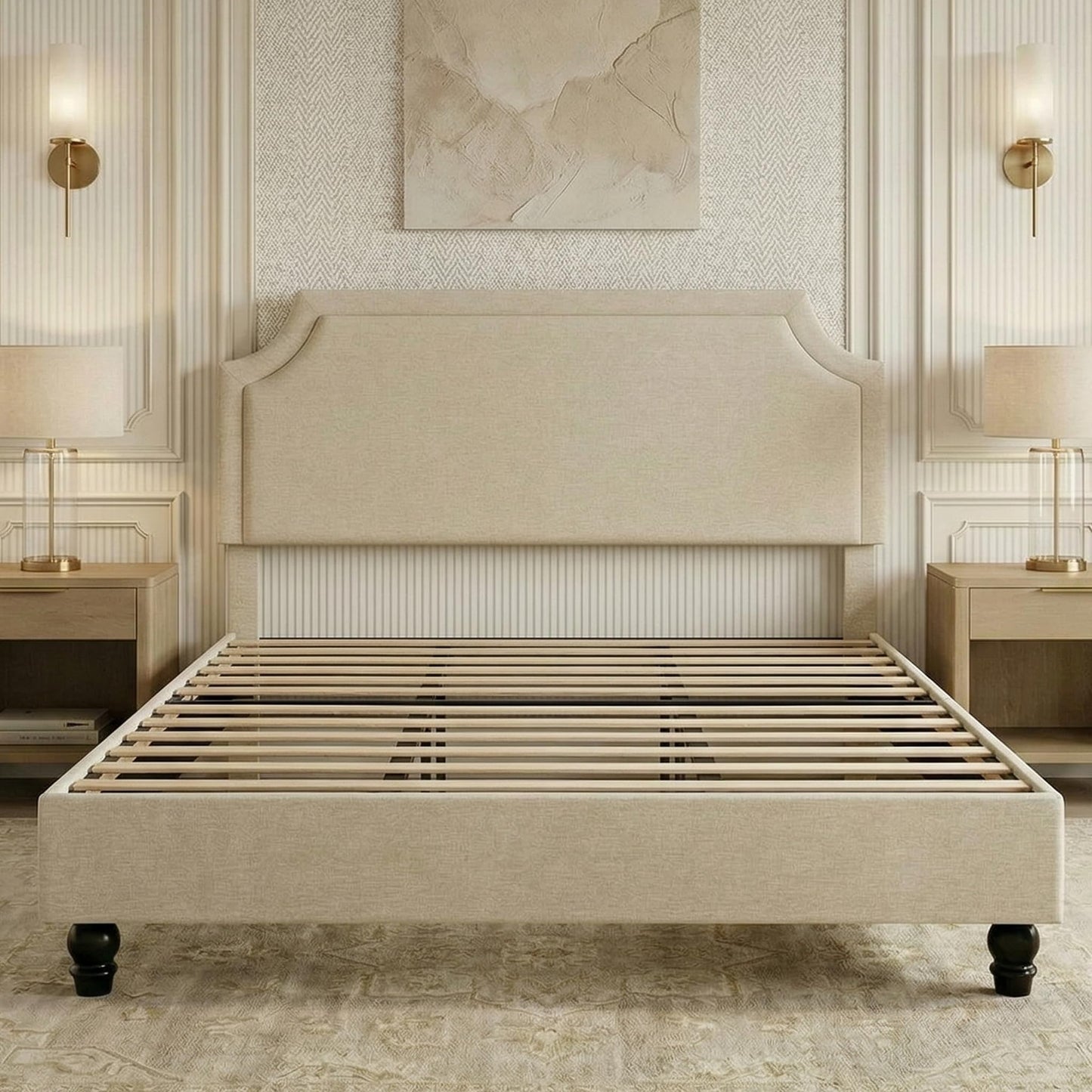 SHA CERLIN King Size Upholstered Platform Bed Frame, 50.6"-54.5" Tall Adjustable Minimalist Chenille Headboard, Strong Support, Noise-Free, No Box Spring Required, Beige