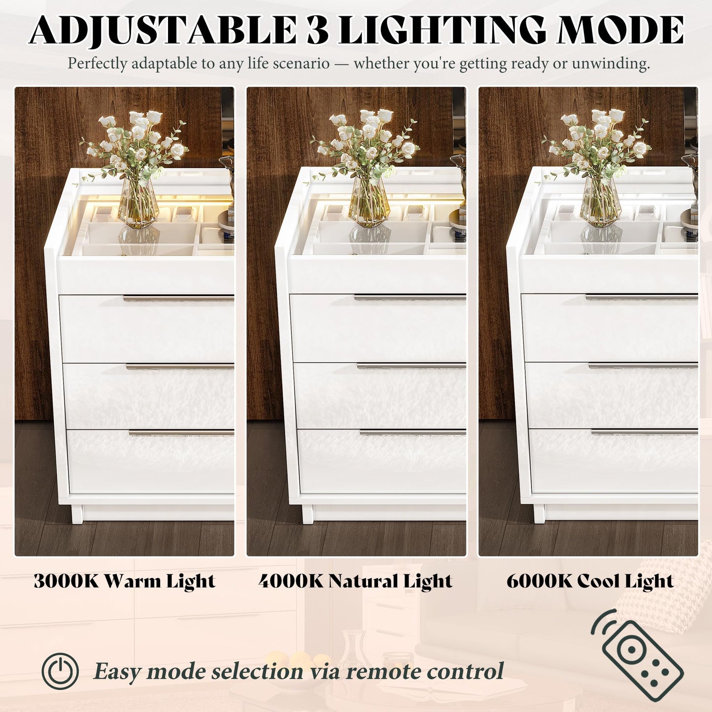 AMERLIFE 47.2" W 8 Drawer Dresser with LED Light & Glass Top, Modern High Gloss Storage Chest with 2 Jewelry Drawers, Storage Organizer for Bedroom, White