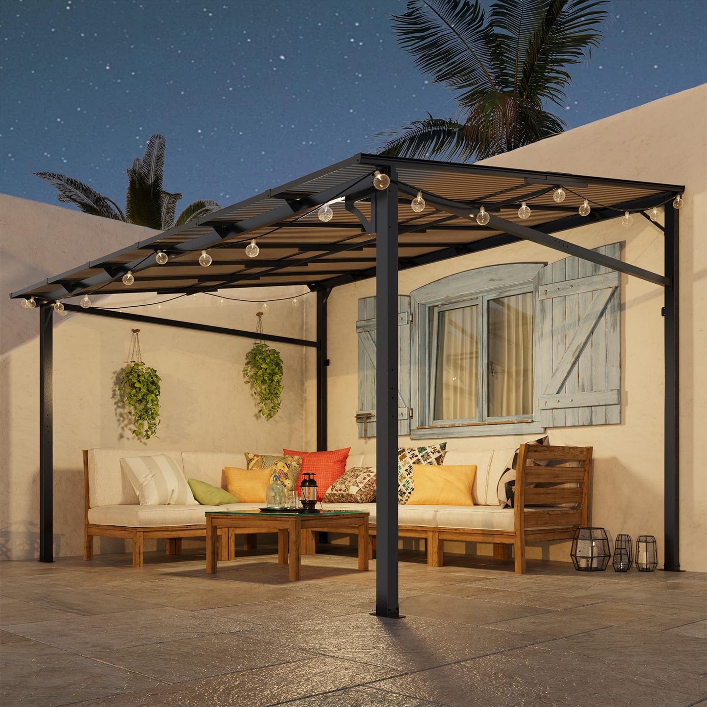 10'X12' Lean to Gazebo, Wall-Attached Hardtop Pergola with Anti-UV Polycarbonate Roof, Aluminum Frame Outdoor Patio Cover for Deck, Yard and Party