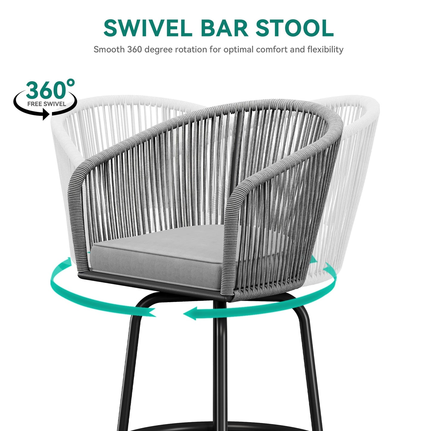 YITAHOME 27" Bar Stools Set of 4 with Arms & Cushions, 360° Swivel Outdoor Bar Stools, All Weather Counter Height Bar Stools Set of 4 with Curved Back for Backyard, Kitchen Island, Dining Room, Gray