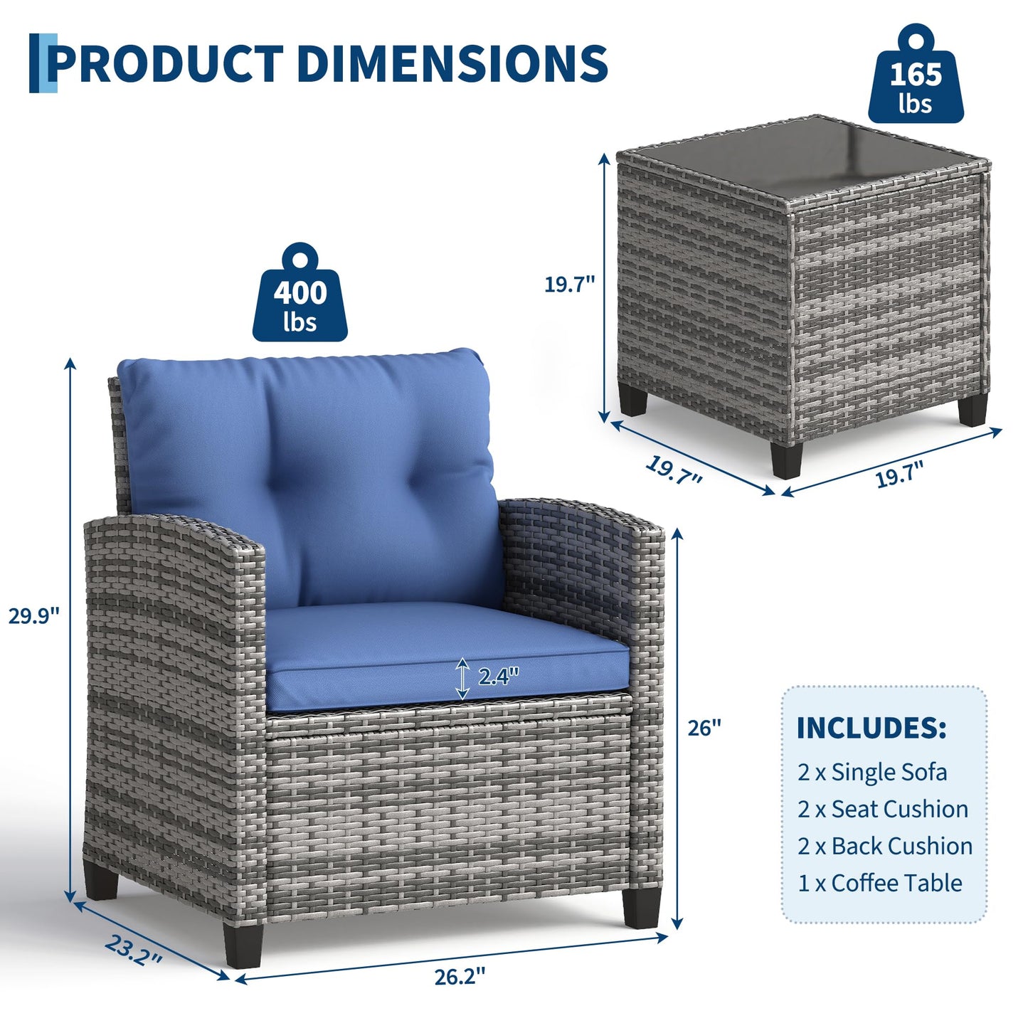 GarveeLife 3 Pieces Patio Furniture Set, PE Rattan Patio Conversation Set with Tempered Glass Tabletop, Outdoor Wicker Chairs and Table Set for Patio Balcony Garden, Grey & Blue