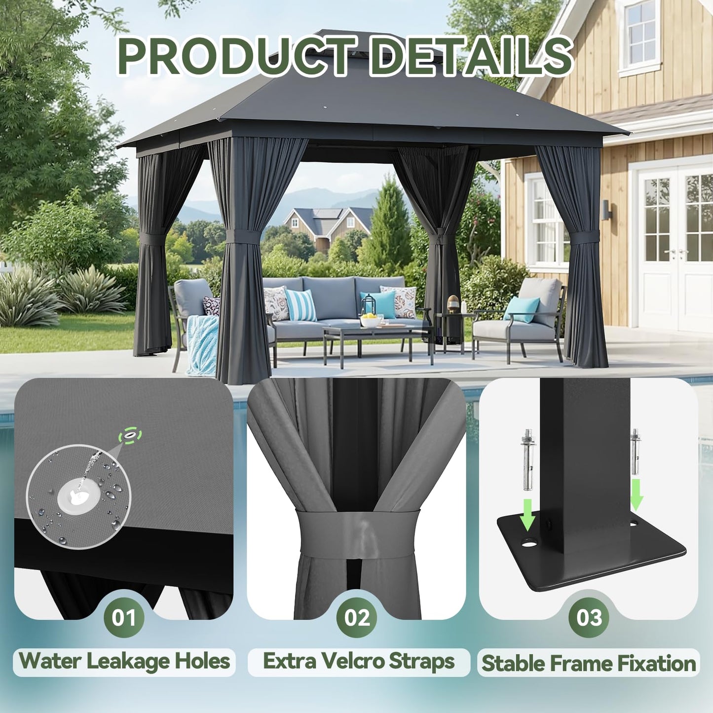 Aoxun 12'x10' Outdoor Gazebo, 50mm Heavy-Duty Steel Frame Double Roof Canopy, Waterproof Polyester Patio Pavilion with Curtains and Netting for Backyard Garden, Dark Gray