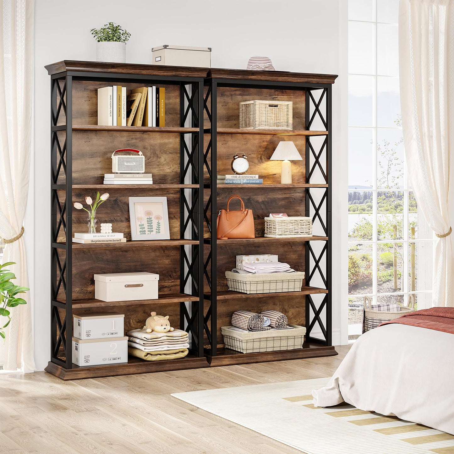 Tribesigns 6-Tier Bookcase, 71 Inches Industrial Bookshelves and Bookcases, Floor Standing 5 Shelf Display Storage Shelves Tall Bookcase for Home Office, Living Room, Bed Room, Brown and Black