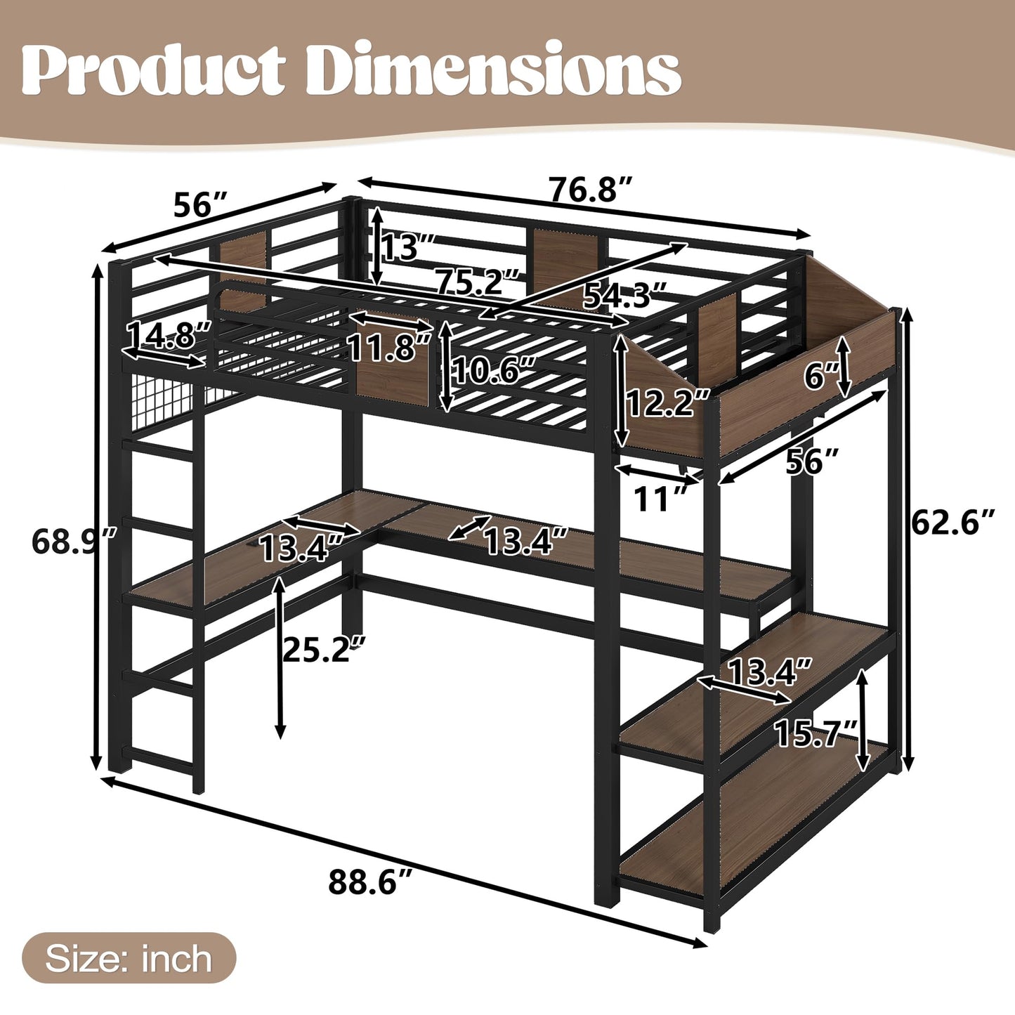 Bellemave Full Size Loft Bed with Desk and USB Ports, Clothes Hanging Rod, LED, Metal Full Loft Bed Frame for Adults, Kids, Teens, Black