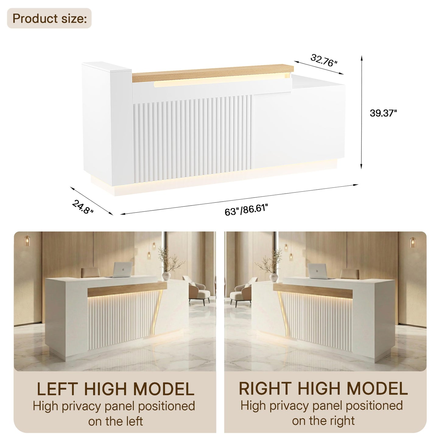 NOWIHOP Modern Reception Desk with LED Lights & Counter, 63" Front Desk with Built-in Outlets, White Checkout Counter with Lockable Drawers and Storage Shelves for Office, Salon, Retail and Lobby