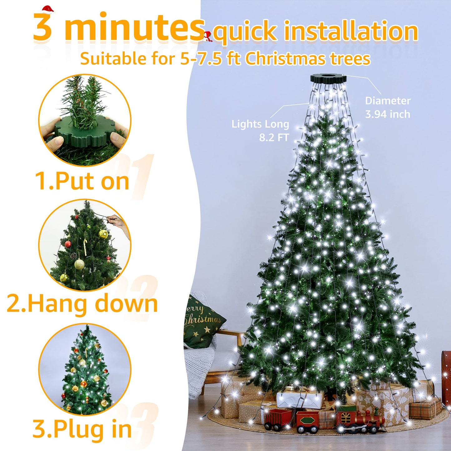 Ccinny Christmas Tree Lights, 300 LED, 8 Modes, Timer & Memory Function, Waterproof, White, Model NYB0300J