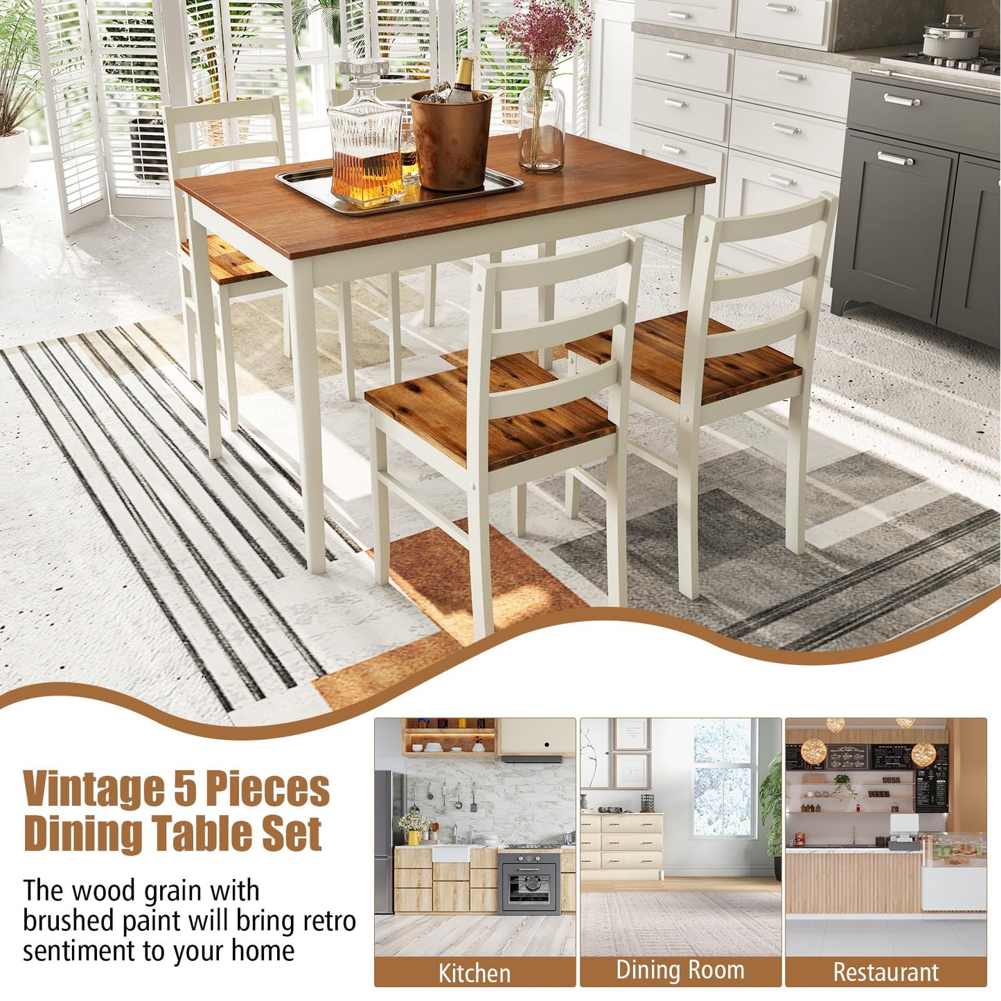Tangkula Dining Table Set for 4, Solid Wood, Farmhouse Dinette Set w/Rubber Wood Legs, Mid-Century Modern, Compact Dining Table and Chairs Set for Kitchen, Dining Room (Brown+White)