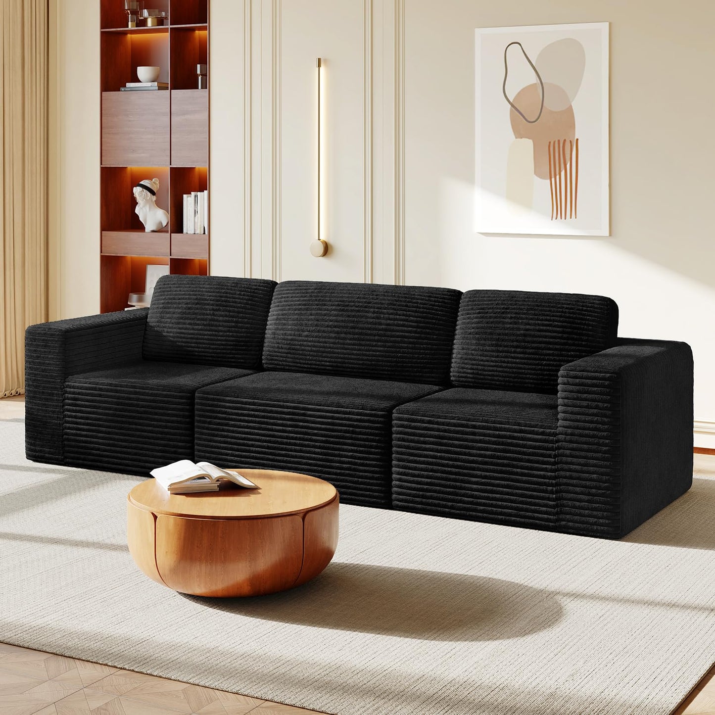 119" Modular Sofa Set, Corduroy Cloud Sectional Couch with Extra Deep Seating & Reinforced Spring System, Compact 3-Seater Boneless Sofa for Living Room & Apartment Spaces, Tool-Free Setup, Black