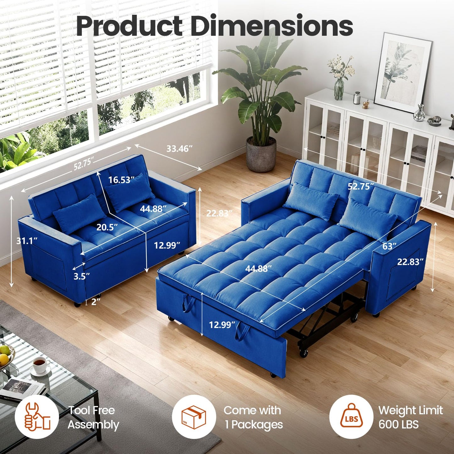 NicBex 3 in 1 Convertible Sofa Bed, Pull Out Couch Bed with Adjustable Backrest, Velvet Fabric Sleeper Sofa with Side Pocket, Loveseat Sleeper Sofa for Small Space, Living Room, Bedroom, Blue