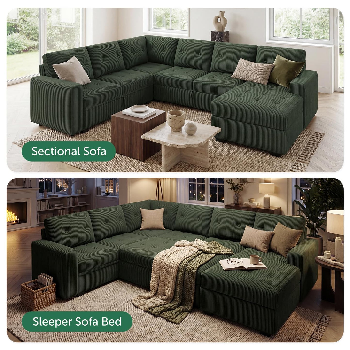 HONBAY Sectional Sleeper Sofa Bed with Storage Chaise, Sleeper Sectional Pull-Out Sofa, Sectional Sleeper Couch for Living Room, Velvet Green