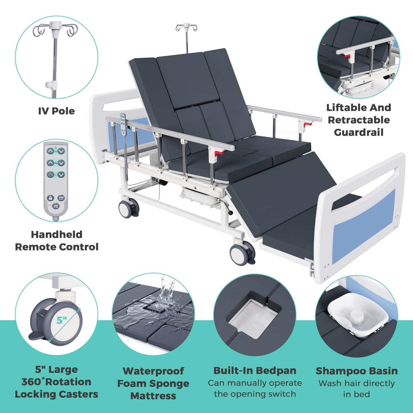 OLERN Advanced Full Electric Hospital Bed for Home Use,Adjustable Nursing Bed with Remote Control,5" Large Locking Casters,Waterproof Foam Mattress,IV Pole,Bedpan,Hair-Washing Device,550 LBS Loading
