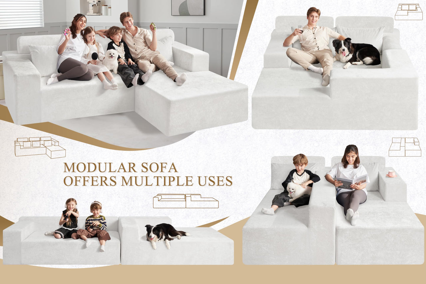 HABUTWAY 105" L-Shape Modular Sectional Sofa Couch for Living Room,No Assembly Required,Modular Comfy Sofa with Deep Seat for Living Room Bedroom,Luxury Distressed Velvet(Right,Beige)